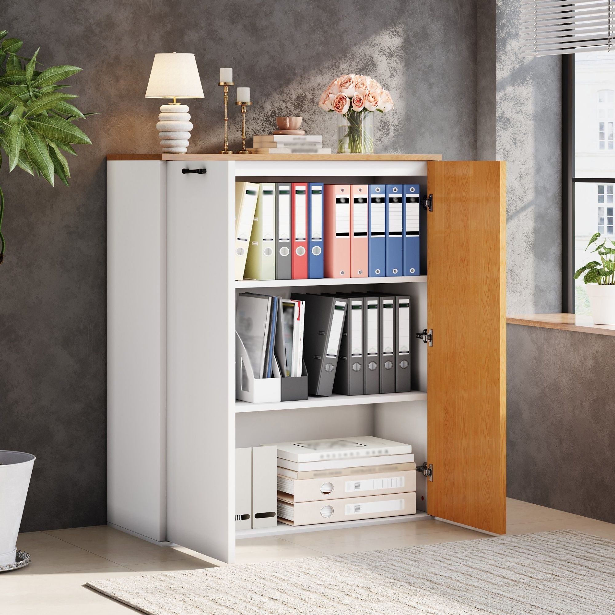 Merax Sideboard Aktenschrank 80 × 40 × 110 cm, Highboard Büroschrank (1 St., Kommode Stauraumschrank), mit Lamellenfront und Soft-Close-Türen – Bild 3 von 5