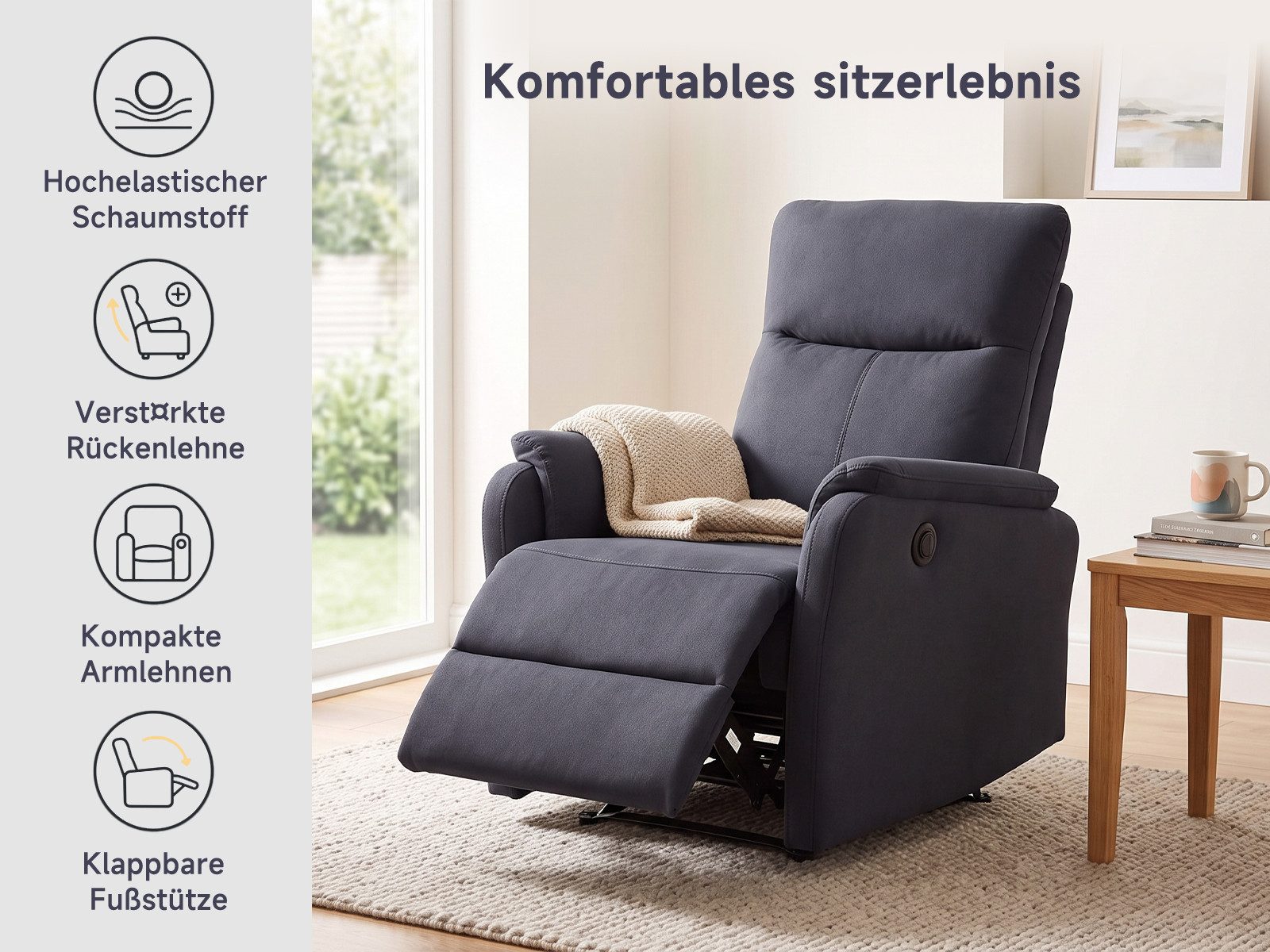V6 Relaxsessel Elektrischer Relaxsessel mit Liegefunktion und Fußstütze, Anthrazit – Bild 2 von 5