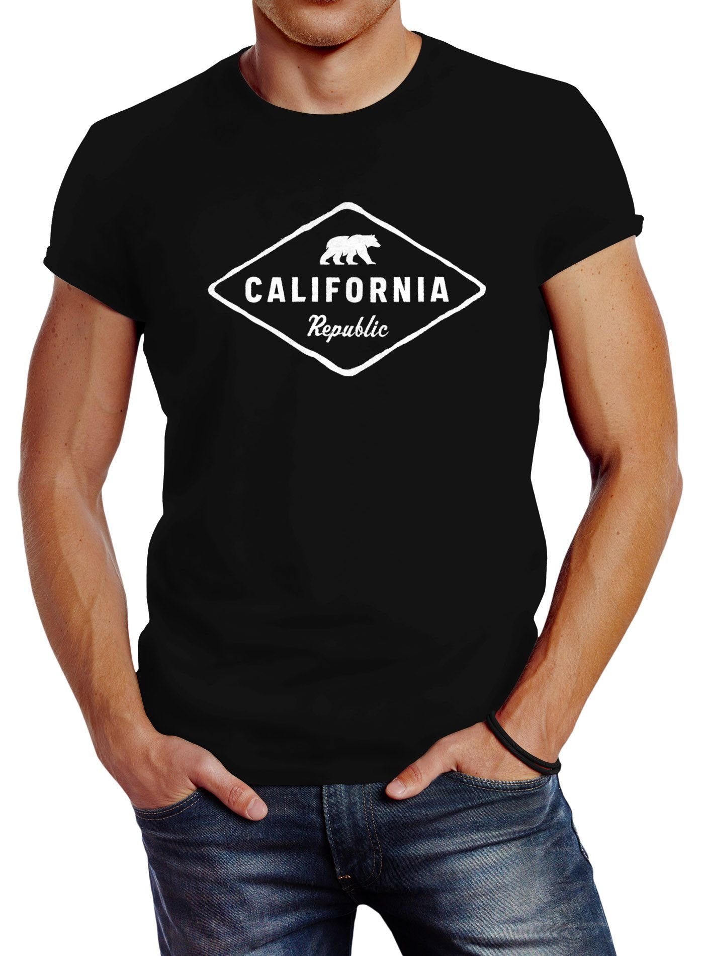 Badge USA Neverless T-Shirt Print-Shirt California Bear Neverless® Herren Print Fashion mit Streetstyle schwarz Sunshine Bär Republic State