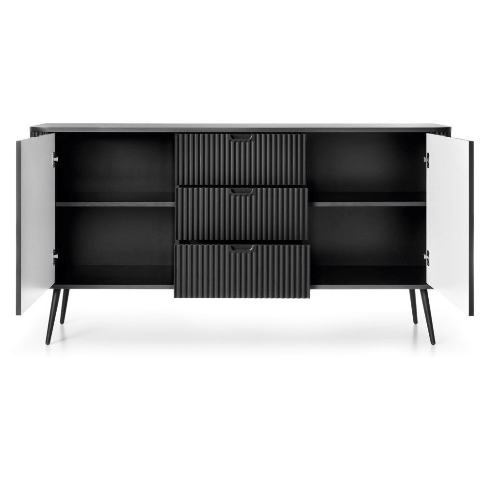Lomadox Sideboard ZARA-160, in schwarz Rillen gerillt Füße schwarz Türen Schubladen 168x87x39 cm