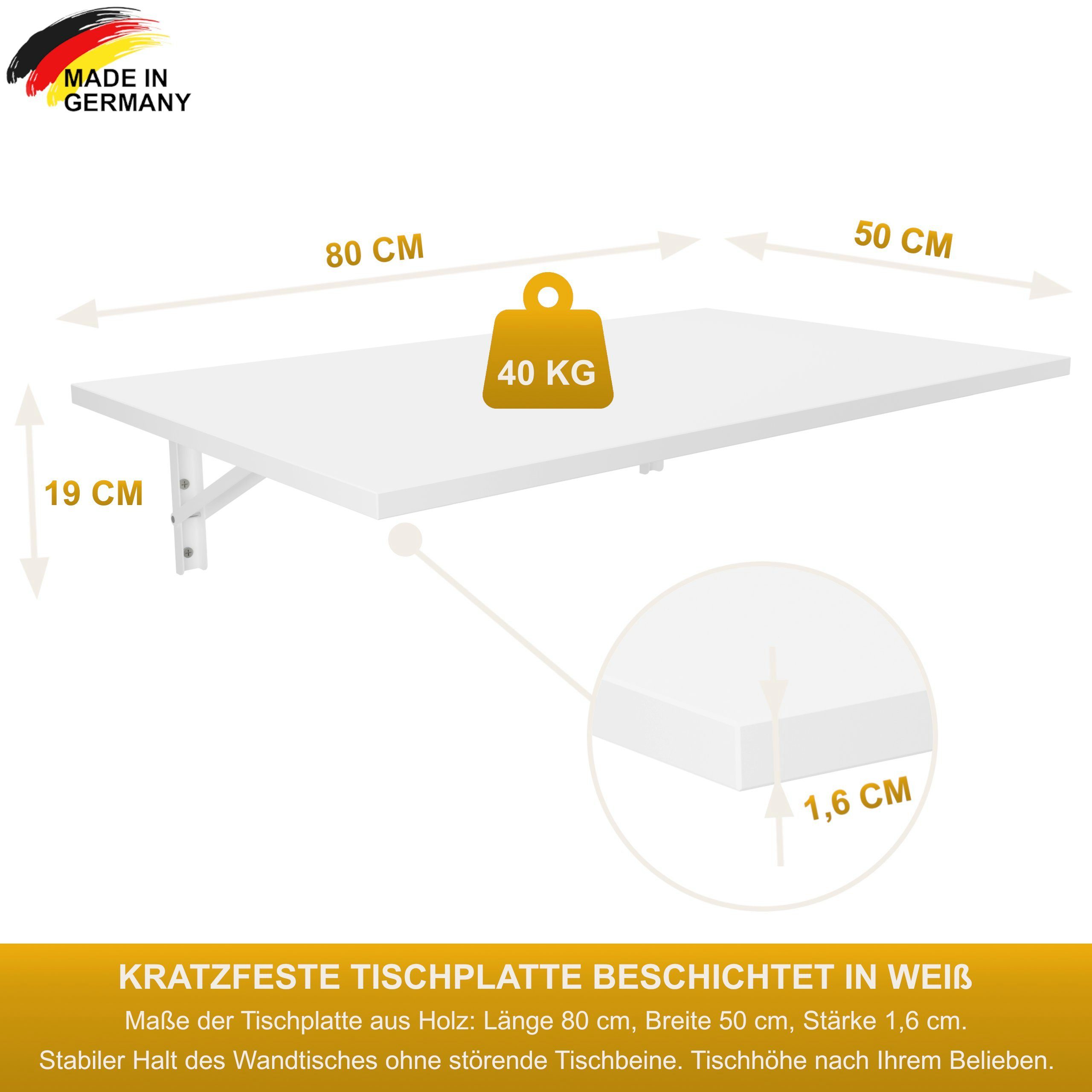 KDR Produktgestaltung Klapptisch 80x50 Wandklapptisch Esstisch Weiß Schreibtisch Wand Küchentisch Tisch