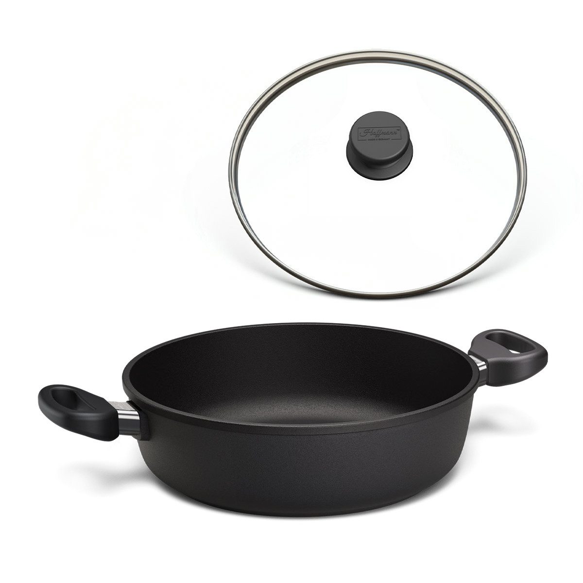 Hoffmann Germany Schmorpfanne Hoffmann STONIQ Bräter rund Ø 28 cm IQ-SHIELD PFAS-frei mit Deckel, Aluguss (Set, 2-tlg., 1x Schmorpfanne Ø 28 cm + 1x Glasdeckel), Seitengriffe, PFAS-frei, 3,3 l, Ø 28 cm