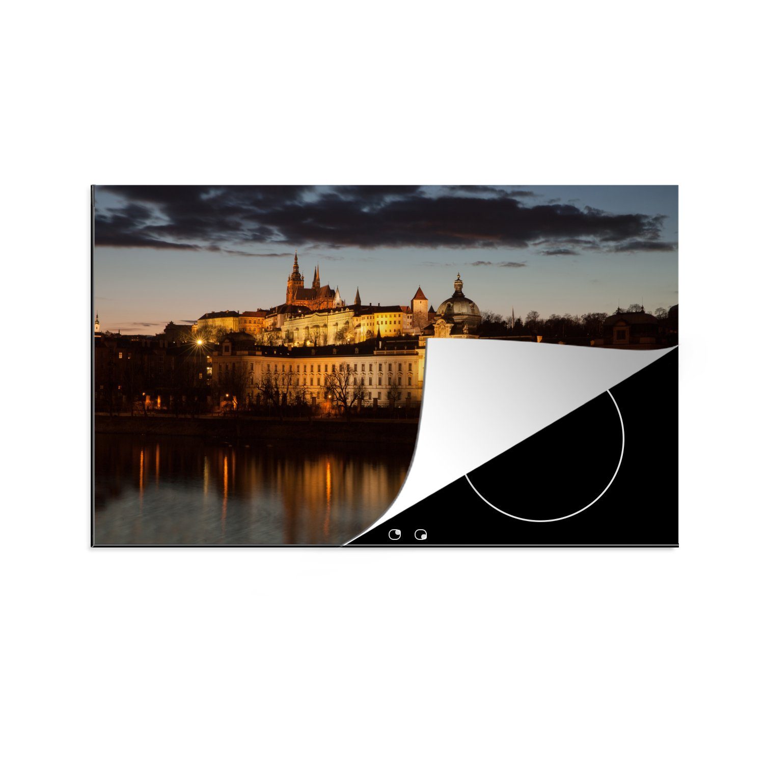 MuchoWow Herdblende-/Abdeckplatte Prager Burg - Wasser - Abend, Vinyl, (1 tlg), 83x51 cm, Ceranfeldabdeckung, Arbeitsplatte für küche