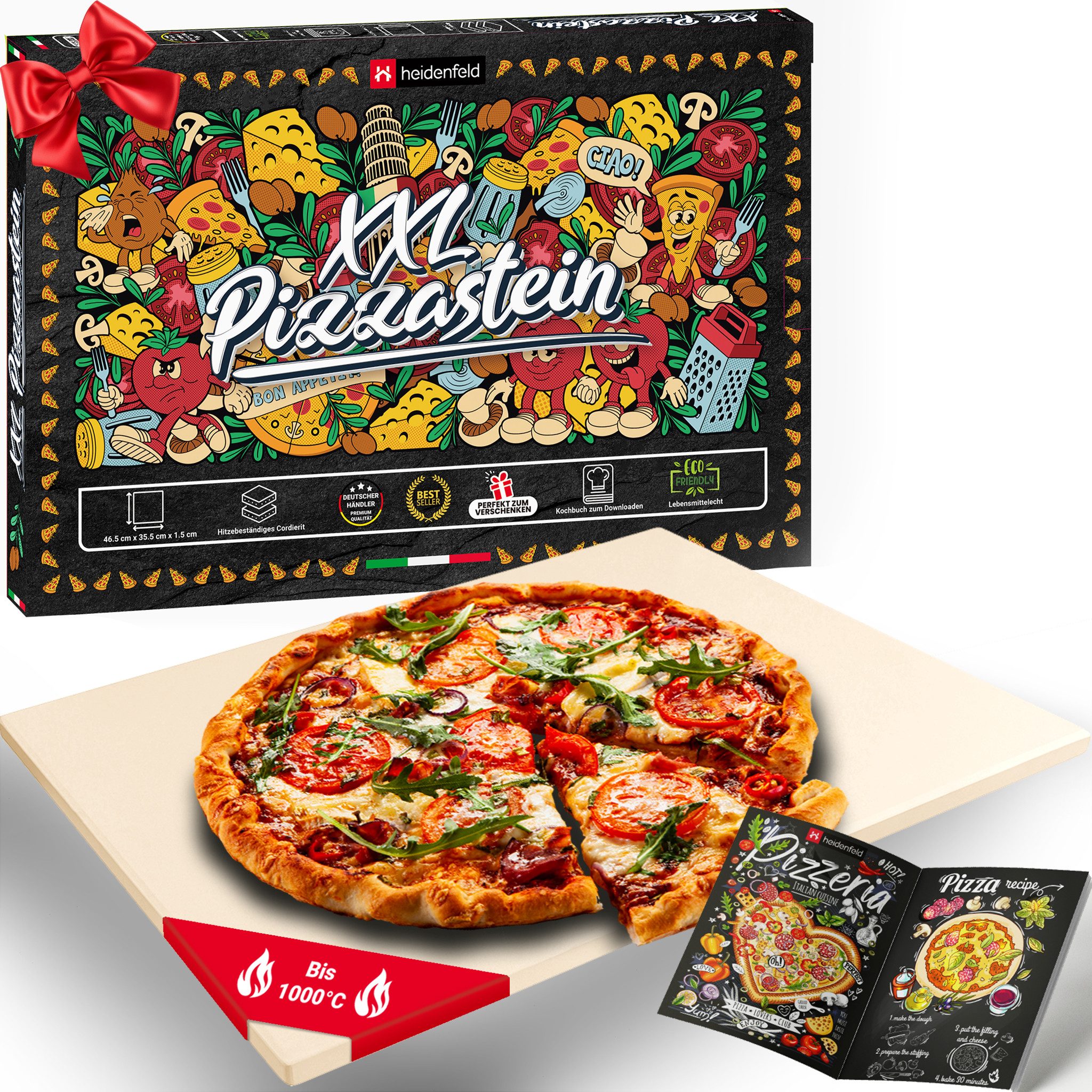 Heidenfeld Pizzastein XXL für Backofen 46,5 x 35,5 x 1,5 cm - Deutsche Qualitätsmarke, Cordierit, (rechteckig, 1-St., rechteckig Pizzastein für Grill), Cordierit - Gasgrill - Steinplatte