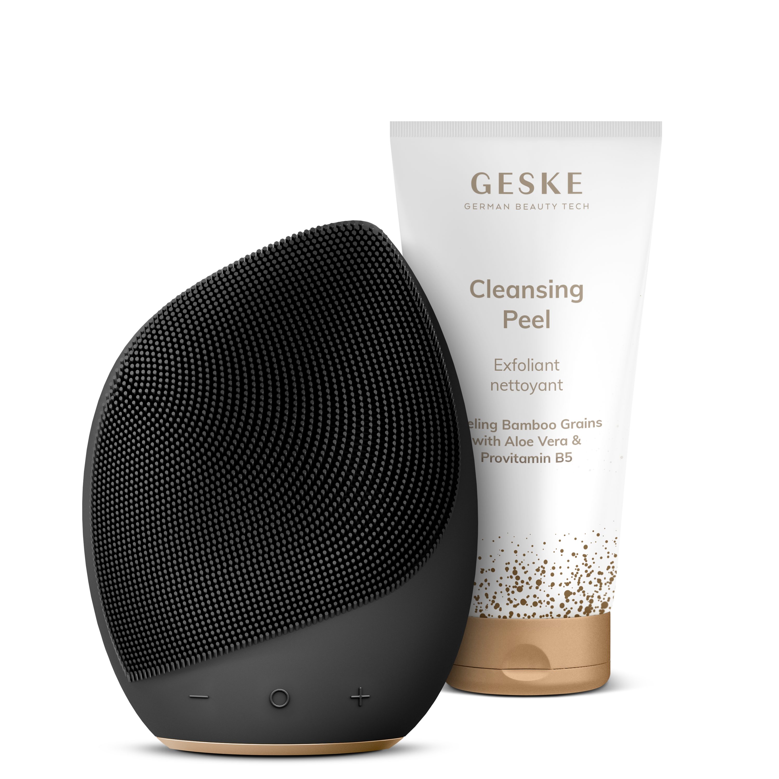 GESKE German Beauty Tech Elektrische Gesichtsreinigungsbürste Sonic Facial Brush 5 in 1 Farbe: Gray + Gratis Kosmetik, Packung (Gerät & USB-Ladekabel), 2-tlg., Gerät inkl. kostenloser APP (SmartAppGuided Device), Anti-Aging Massage-, SmartSonic Pulsation- & Tiefen-Wärme-Technologie