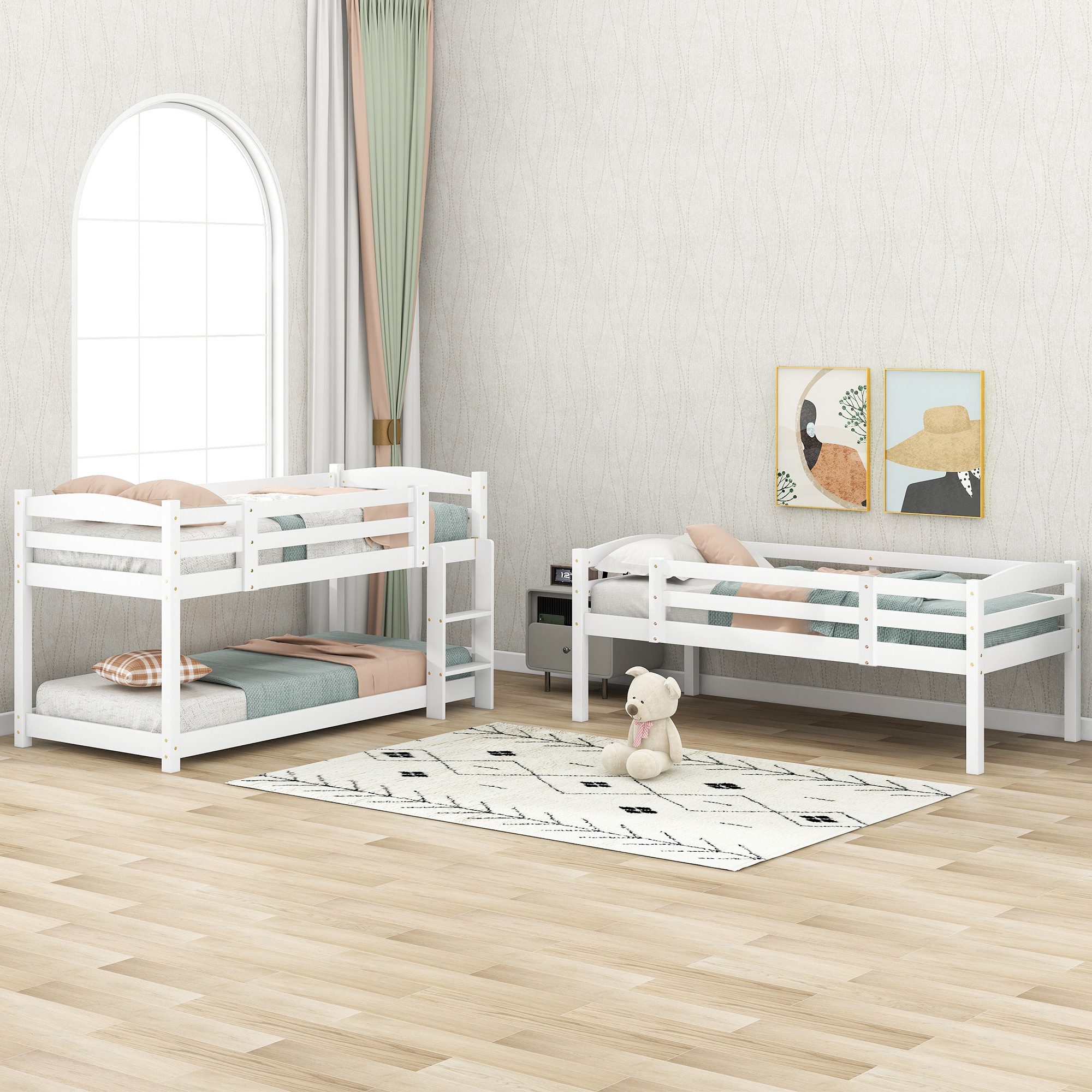 Flieks Etagenbett (mit 2 Leiter und 2 Set Lattenrost), Dreier-Etagenbett Hochbett Kiefernholzbett Kinderbett 90x200cm – Bild 3 von 5