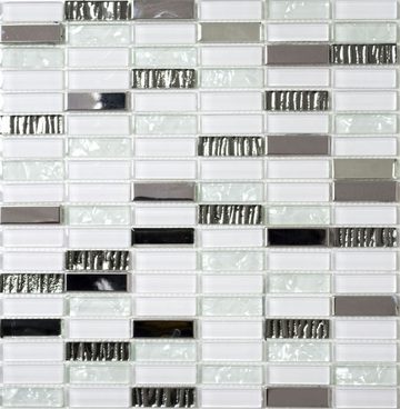 Mosani Mosaikfliesen Glasmosaik Edelstahl Mosaik weiß glänzend / 10 Matten