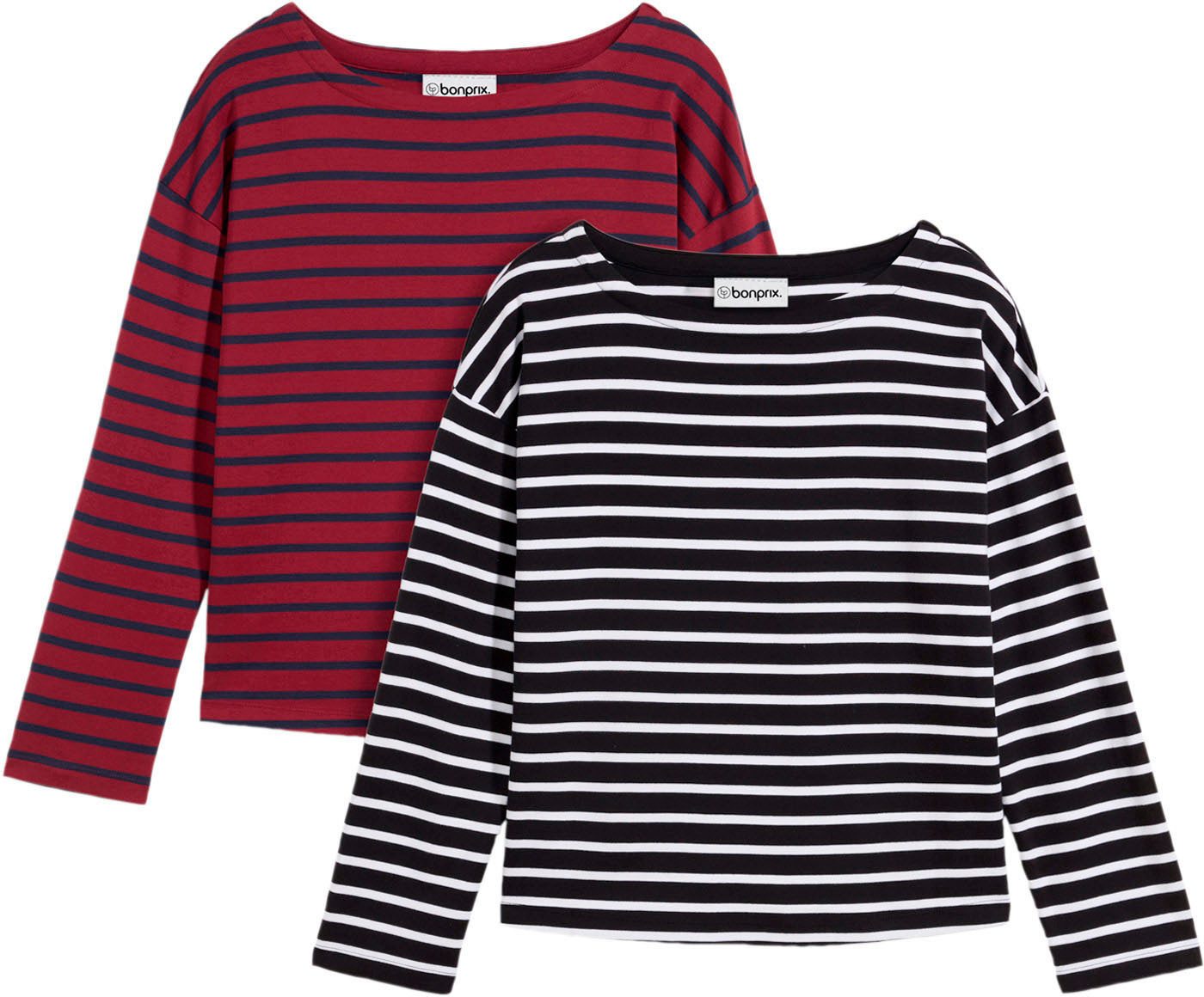 bonprix Langarmshirt (Packung, 2-tlg., 2) Oversize Passform, weiter Ausschnitt, gestreifte Optik