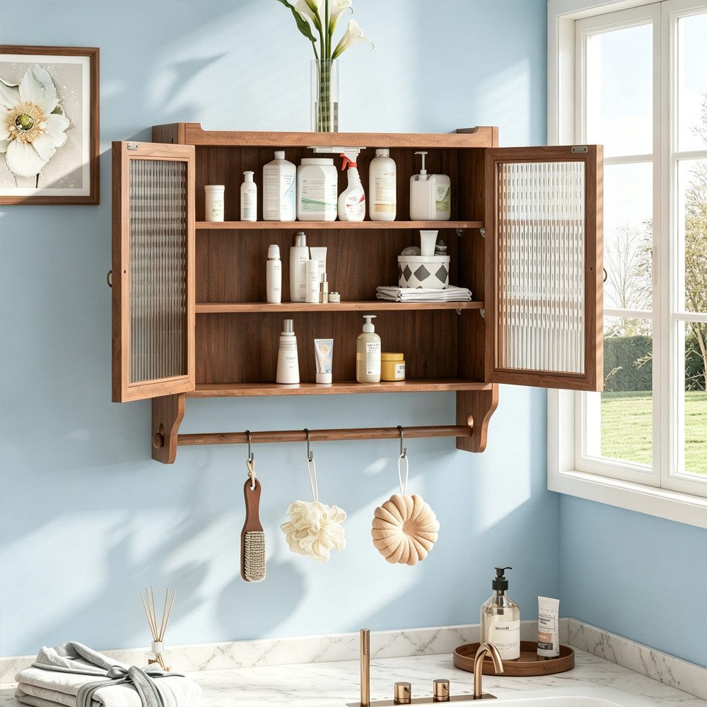 MODFU Hängeschrank Zweitüriger Wandschrank 70 cm,Stauraumschrank Hängevitrine (Vintage Glas-Wandregal mit Doppelglastüren und 3 Regalen – Wandmontage für Badezimmer, Küche, Esszimmer – Praktischer Handtuchhalter und Stauraum in Naturholzoptik) Gewichtskapazität: 5 kg pro Regal
