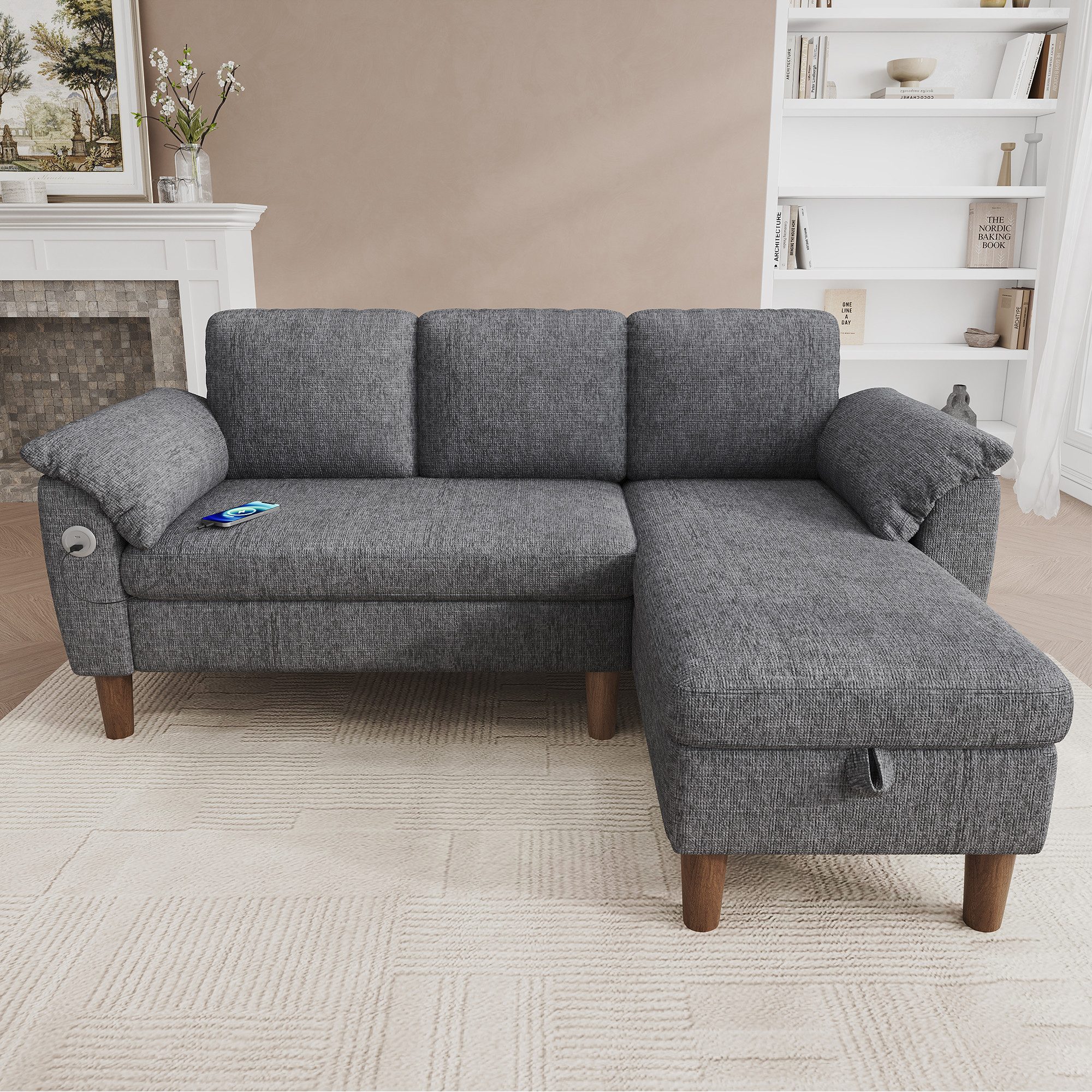 Merax Ecksofa L-förmiges Sofa mit Stauraum-Chaiselongue, links oder rechts montierbar, Couch, Schlafsofa 1 Teile, 3-Sitzer-Sofa mit USB & Type-C Ladeanschluss,  – Bild 2 von 5