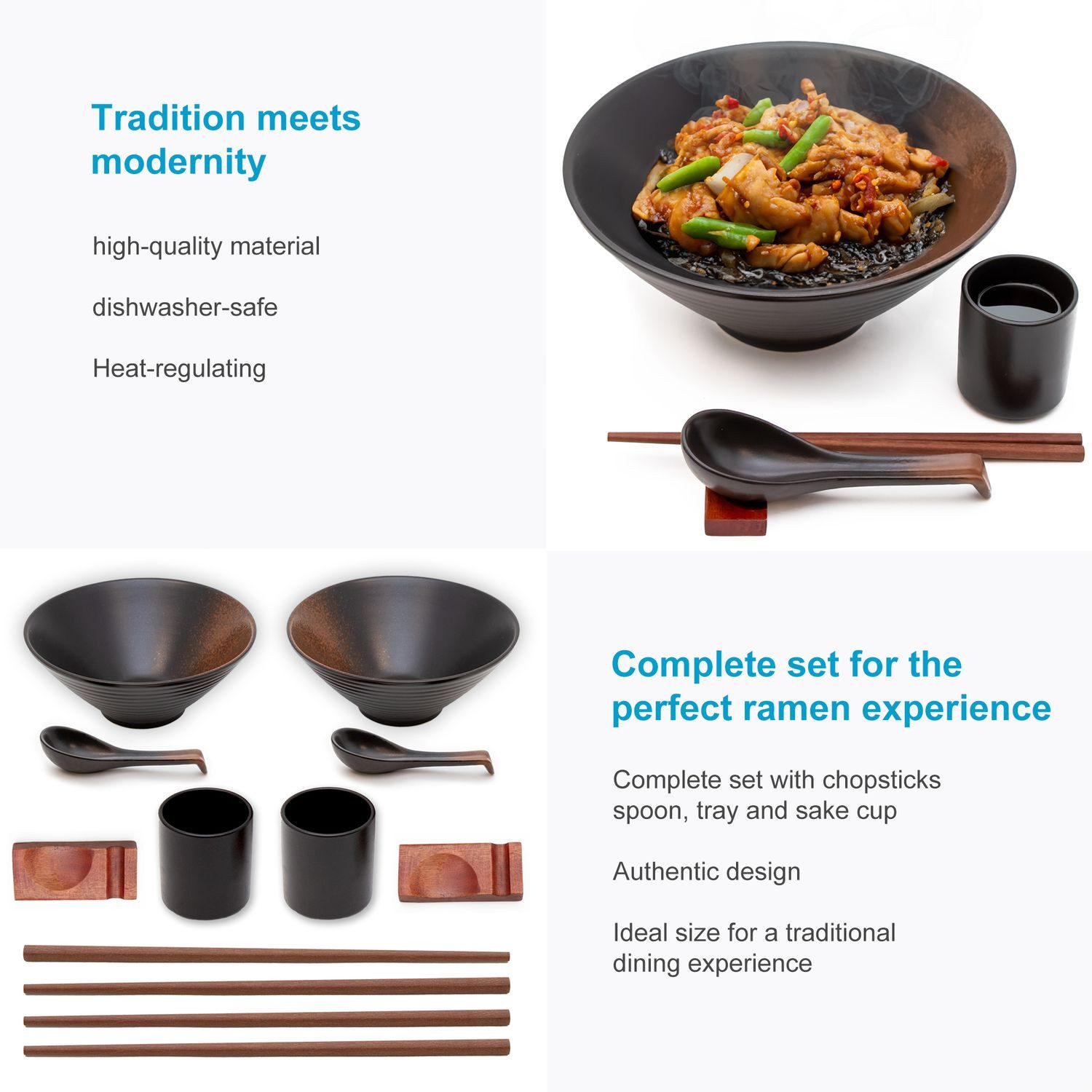 Intirilife Suppenschüssel, Keramik, (6-tlg), Ramen Schüssel Set 1.1 L mit Essstäbchen und Löffel 2 Personen