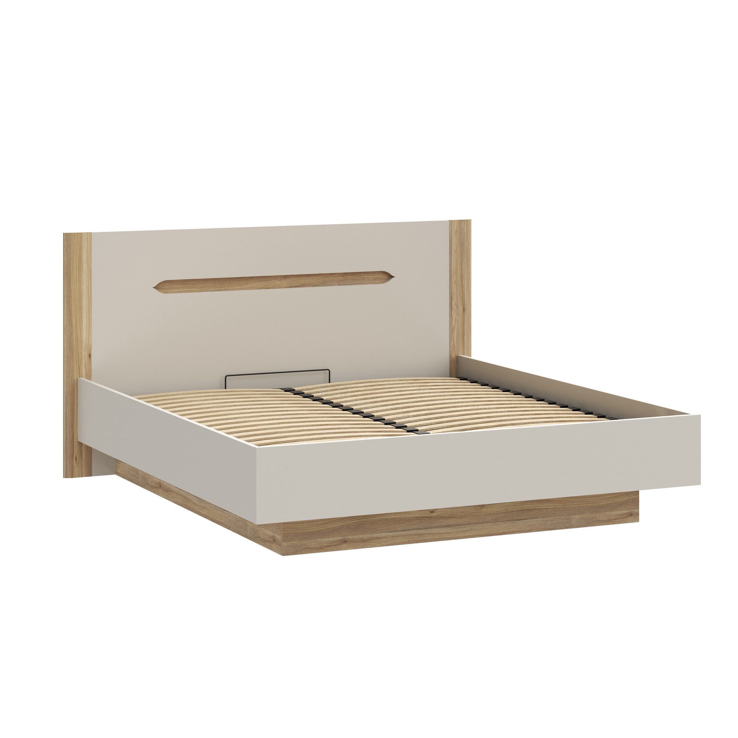 PREISBRECHER Stauraumbett EDWAL, Lift-Lattenrost, sandfarbig / Eiche Dekor - 196,2x105,7x206,6cm BxHxT