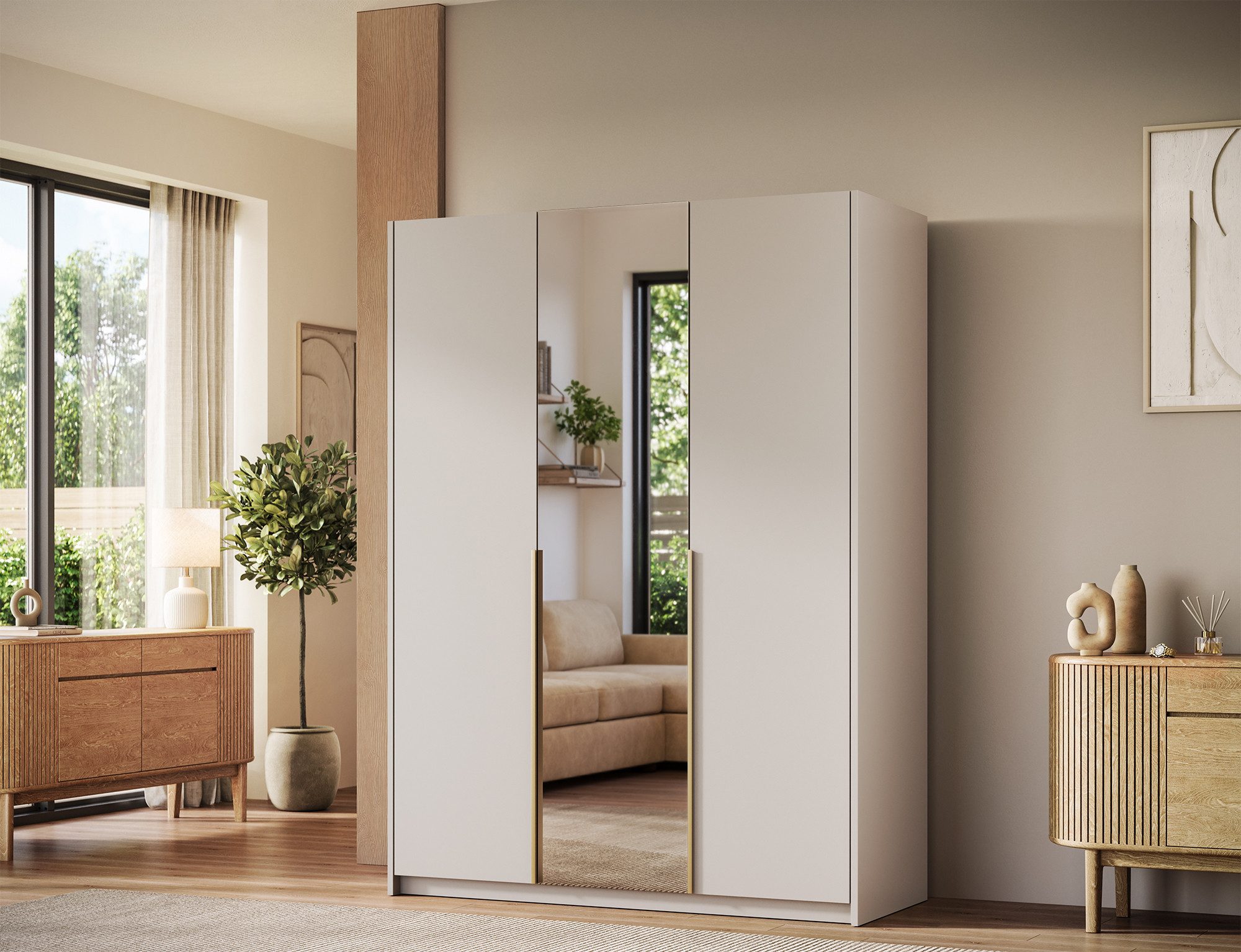 MOEBLO Drehtürenschrank Lunaro III (Kleiderschrank, 3-türig, mit Spiegel, 8 Einlegeböden und Kleiderstange, optional mit Aufsatzschrank) (BxHxT): 148 x 204/250 x 58 cm