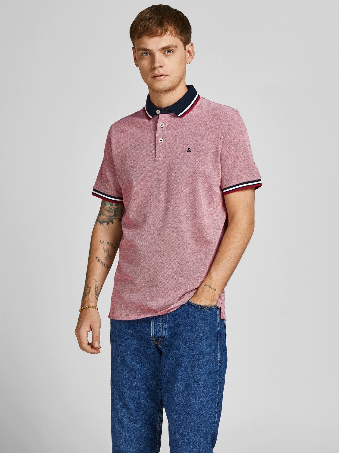 Jack & Jones Poloshirt JJEPAULOS im Doppelpack mit Logostickerei und Komfort (Packung, 2-tlg., 2er-Pack) unifarben mit Farbeinsatz, modisch, schmal, Baumwolle, Polokragen