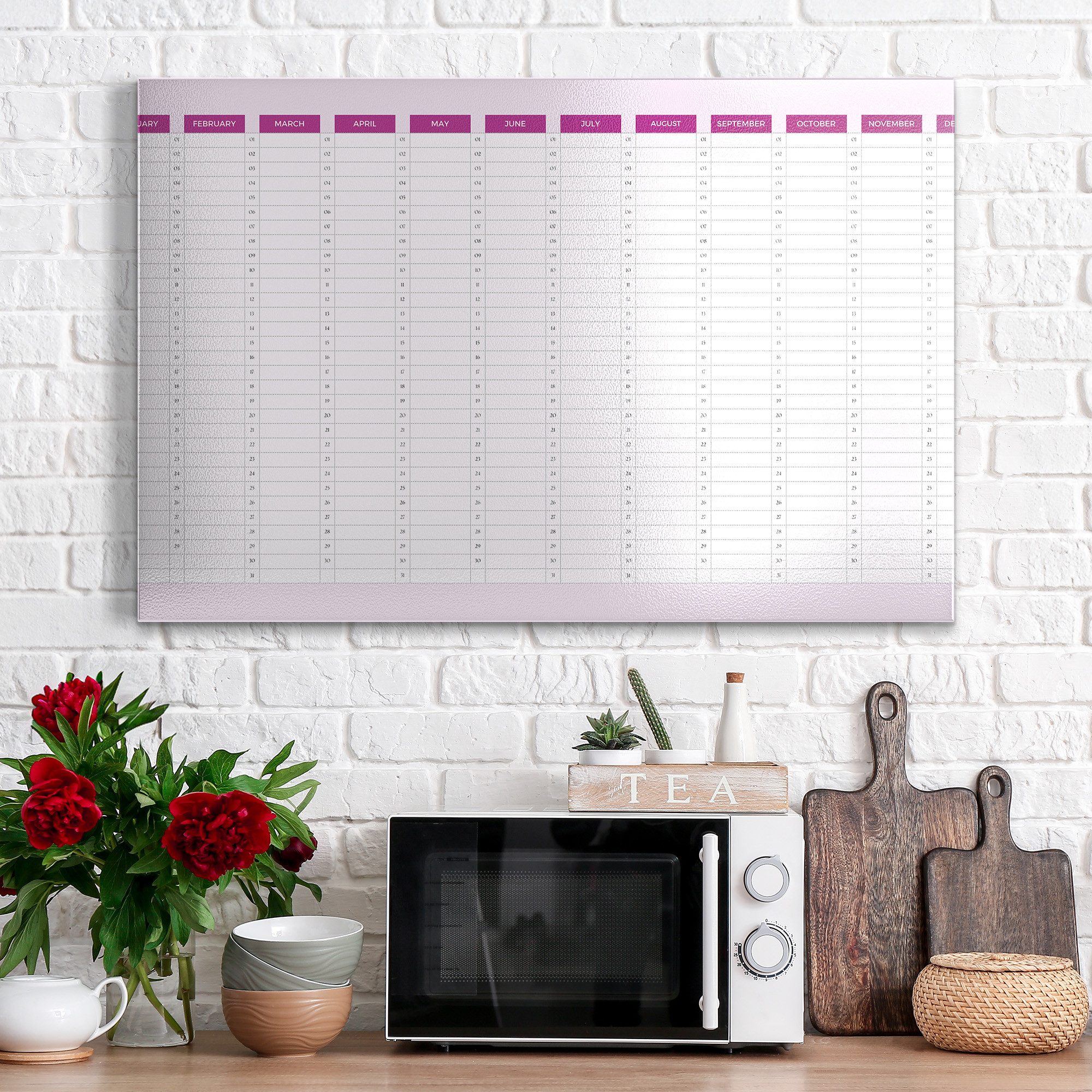 DEQORI Magnettafel 'Jahresplaner Pink (EN)', Metall Whiteboard für alle Magnete, Magnetboard magnetisch