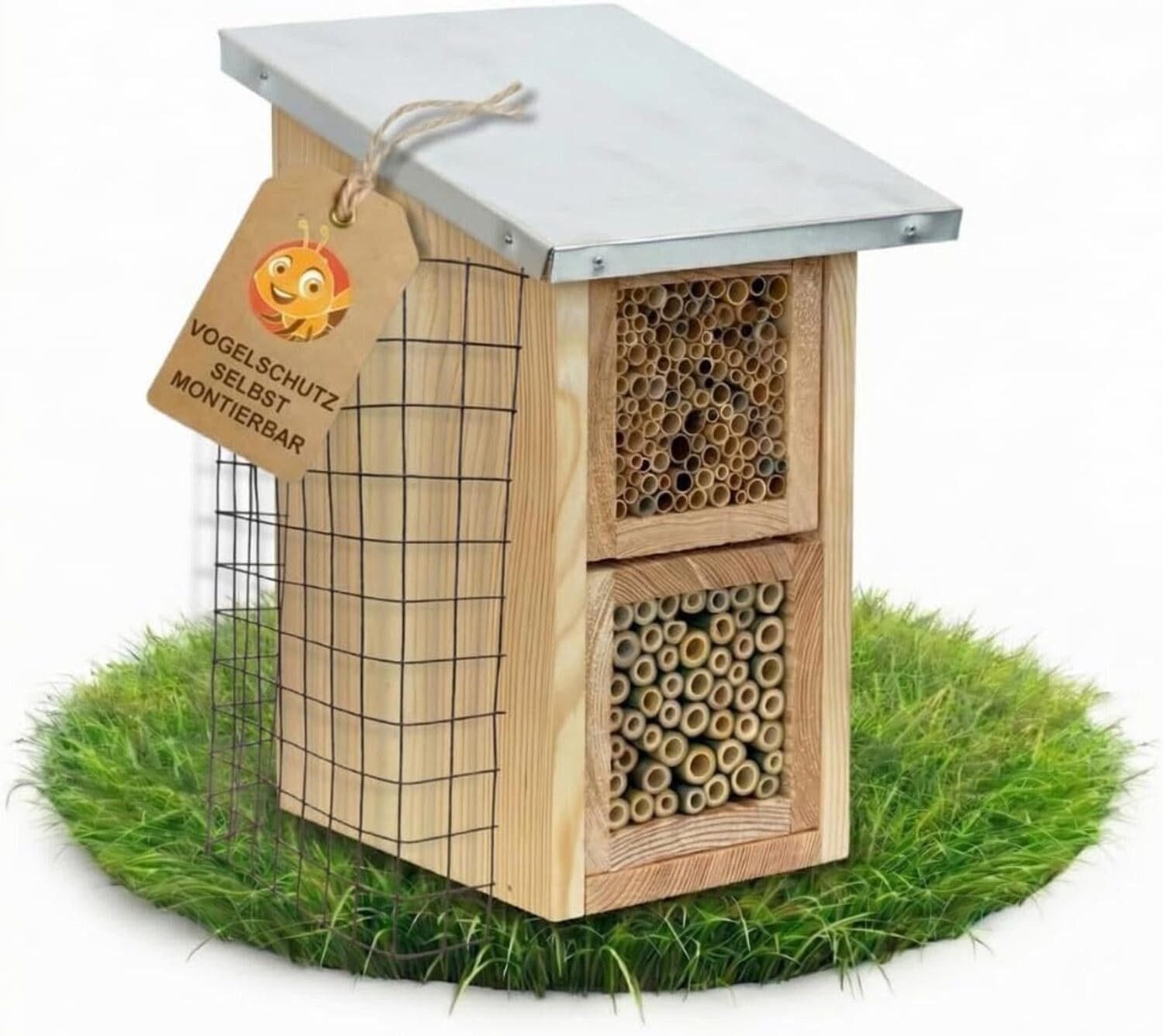 BEESI Insektenhotel mit Metalldach & Vogelschutz-Gitter, 2-Etagen XXL-Nisthilfe, 4-8mm, (1-St., für Solitärbienen – Vogelschutz-Gitter gegen Spechte/Meisen), Nisthilfe Wildbienen mit austauschbaren Holzkästen (Module)