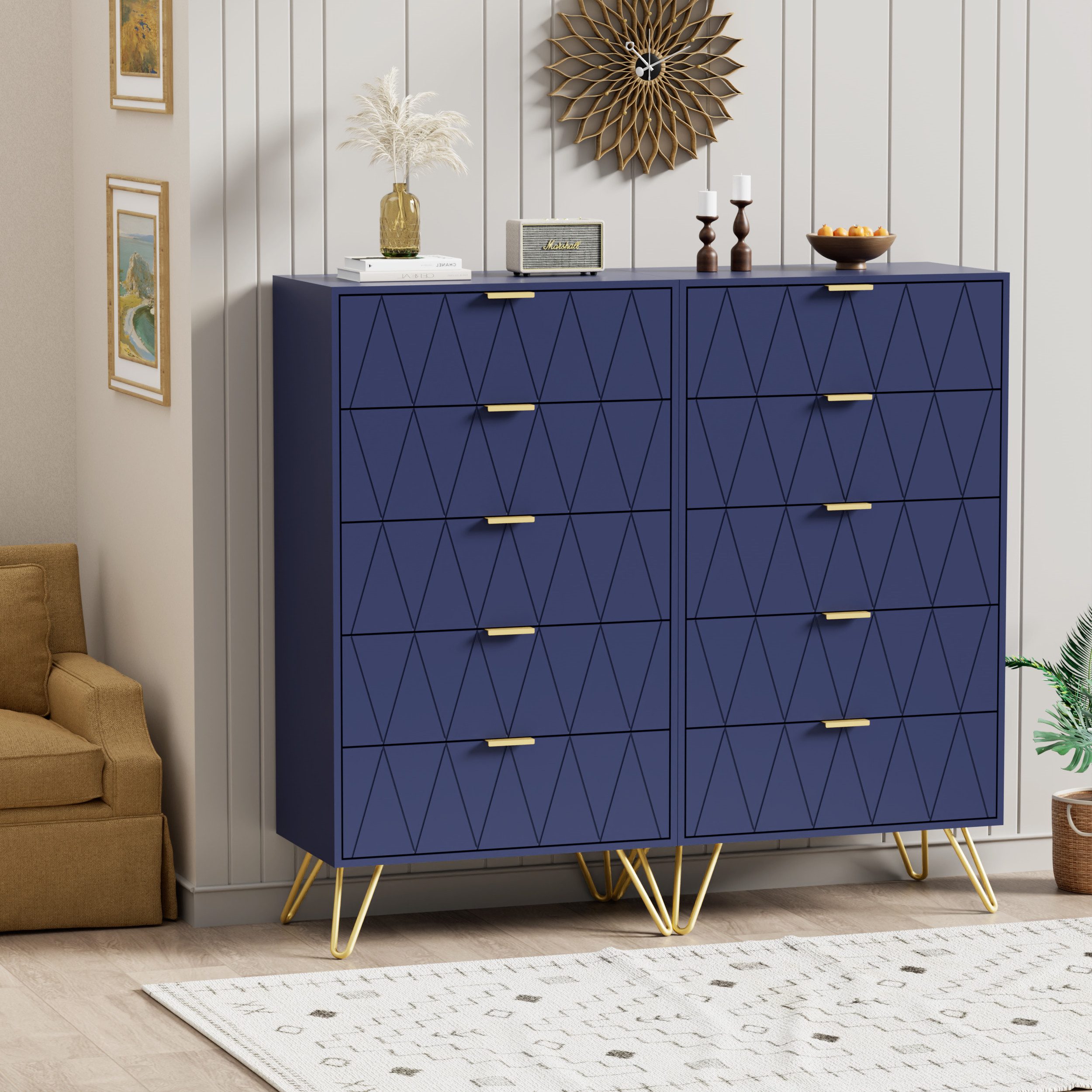 UEV Kommode mit 5 Schubladen, Highboard, Schmal Beistellschrank (Mehrzweckschrank für Wohnzimmer Schlafzimmer Büro Flur, Sideboard mit Schubladen weiß/schwarz/dunkel blau), 60x34x110cm, Schubladenschrank, Aufbewahrungsschrank, mit Kisppschutz