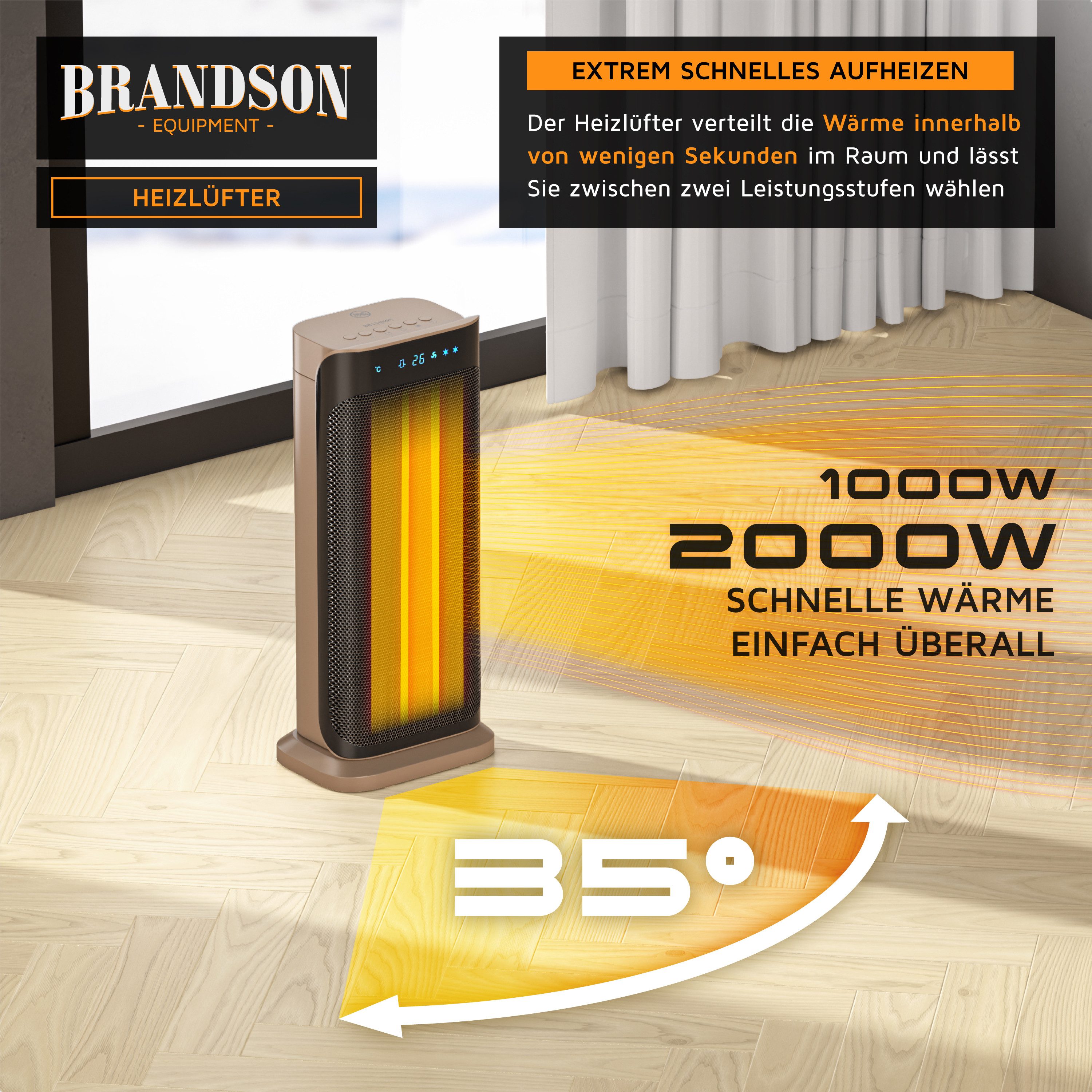 Brandson Heizlüfter Keramik, Fernbedienung, energiesparend, leise, Oszillation, Heizung, 2000 W, Preisträger 2025, GS zertifiziert, Timer, Badezimmer Keramikheizlüfter