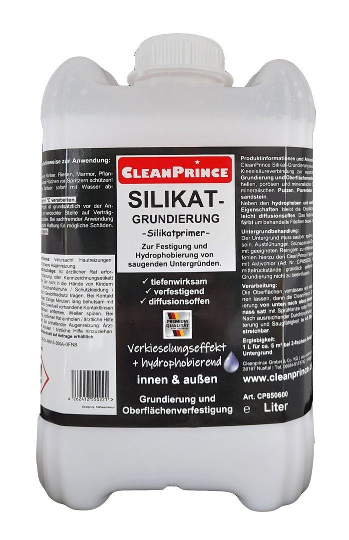 CleanPrince Silikatgrundierung Silikat-Grundierung Silikatprimer Innen + Außen, Zur Festigung und Hydrophobierung von saugenden Untergründen.