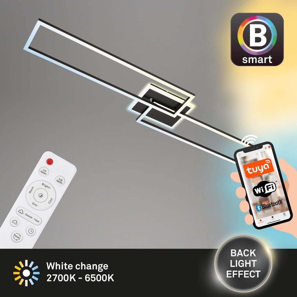 Briloner Leuchten LED Deckenleuchte 3538-015, Bluetooth, LED fest integriert, 2700K - Extra-Warmweiß, Smarte Deckenlampe, 110x24,8x7,8cm, Schwarz, 37W, Wohnzimmer, Flur
