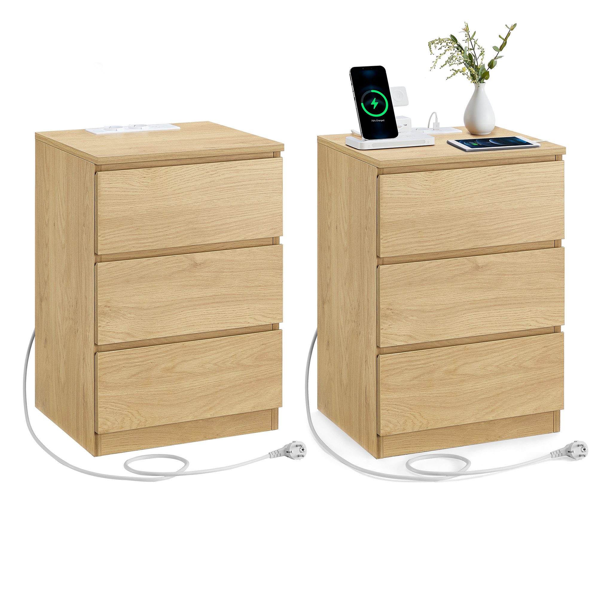 VASAGLE Nachttisch (2-St), 3 Schubladen, abgeschrägte Kante, 2 AC-Steckdose günstig online kaufen