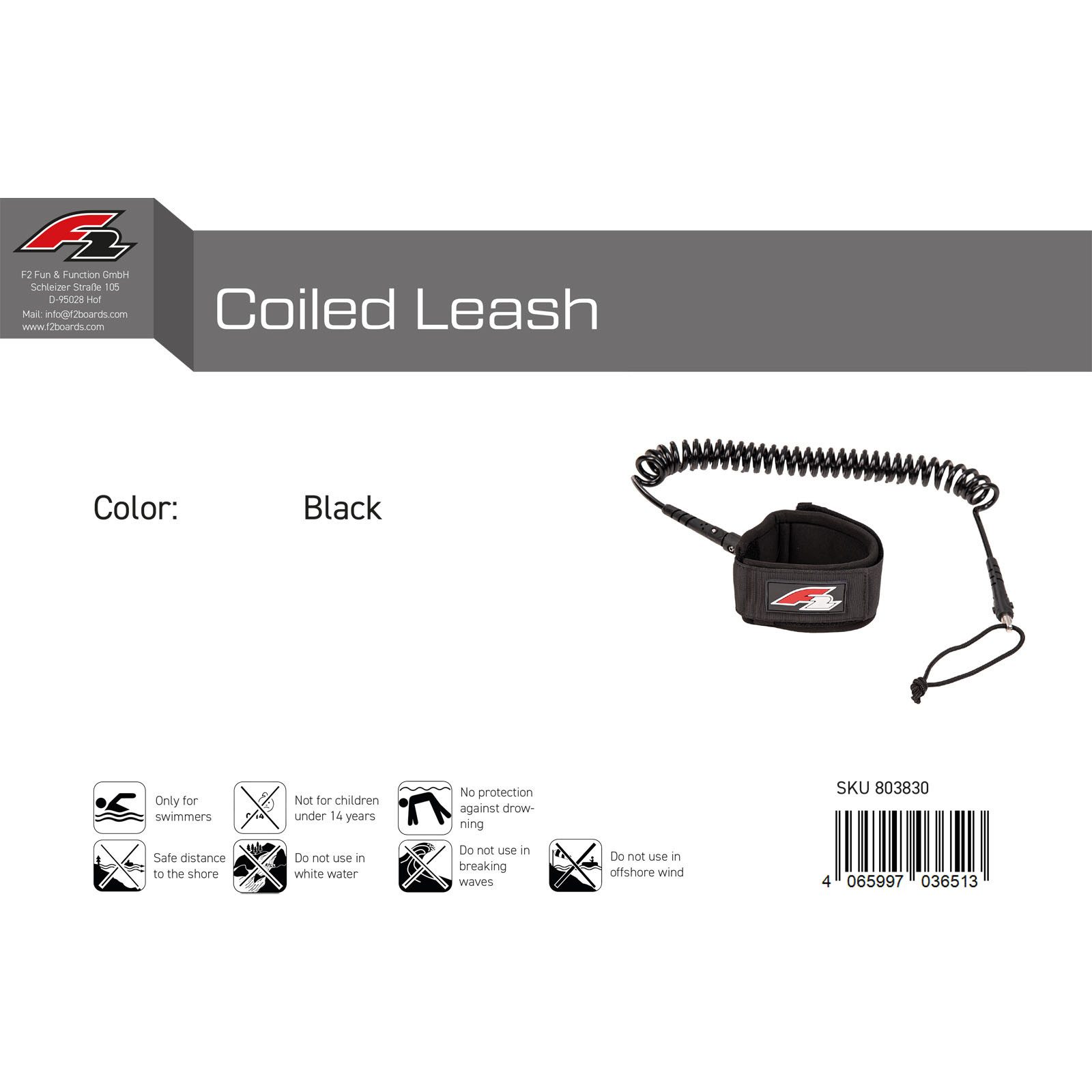 F2 SUP-Leash F2 Stand Up Paddling Leash Fuß Coiled Leash Schwarz