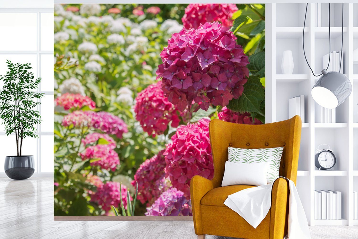 Garten und Wandtapete weißer (5 Wohnzimmer bedruckt, Ein Tapete St), Fototapete MuchoWow Vinyl oder rosa Matt, voller für Schlafzimmer, Hortensien,
