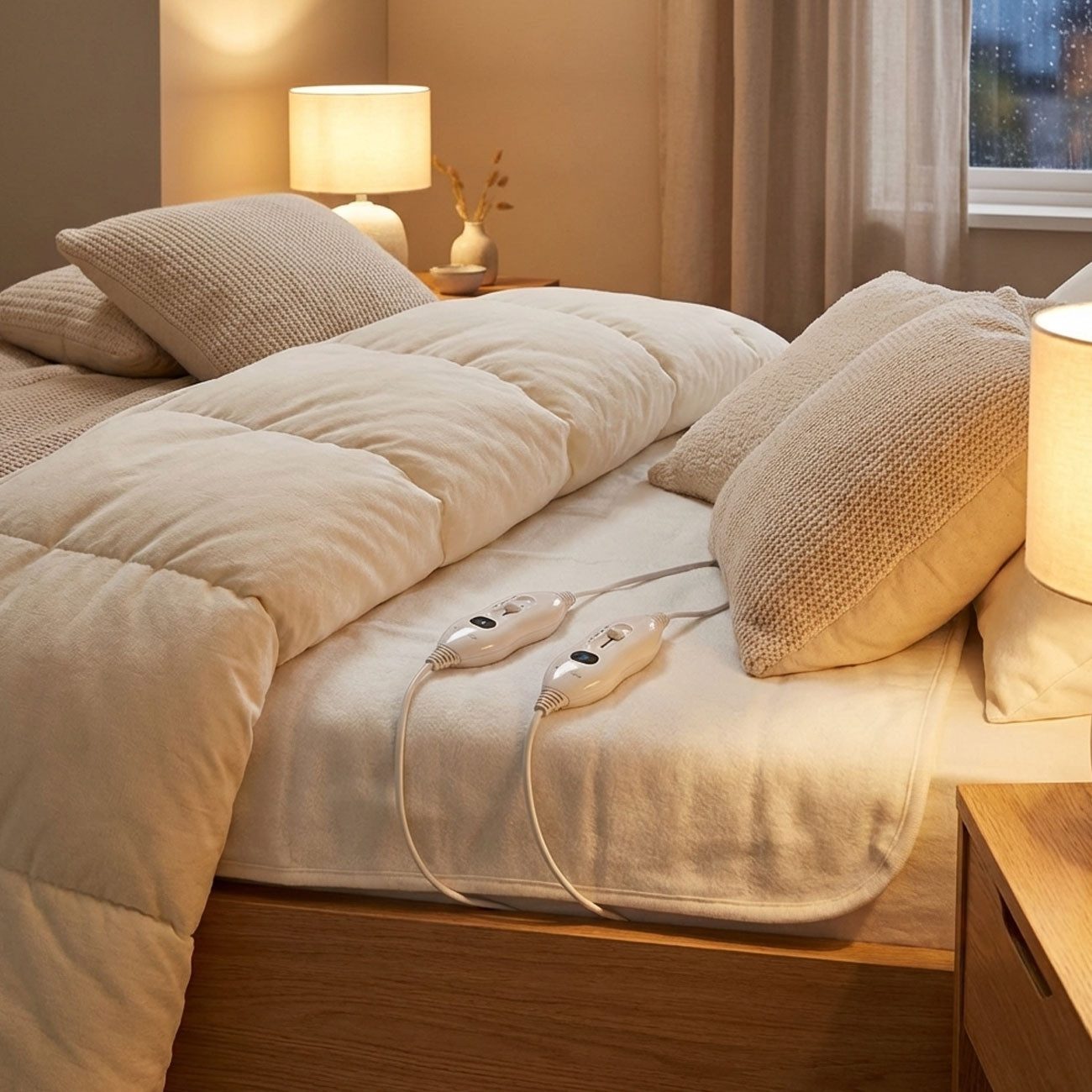 Nedis Heizdecke XXL Wärmeunterbett 160x140, 3 Stufen, 2 Fernbedienungen, Creme, Wärmeunterbett für 2 Personen mit getrennten Zonen & 3 Heizstufen