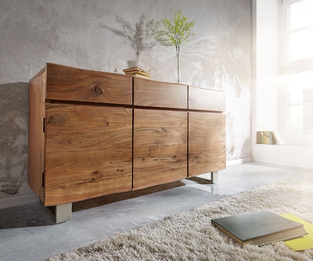 DELIFE Sideboard Live-Edge, Akazie Natur 147 cm 3 Türen 3 Schübe Baumkante Sideboard