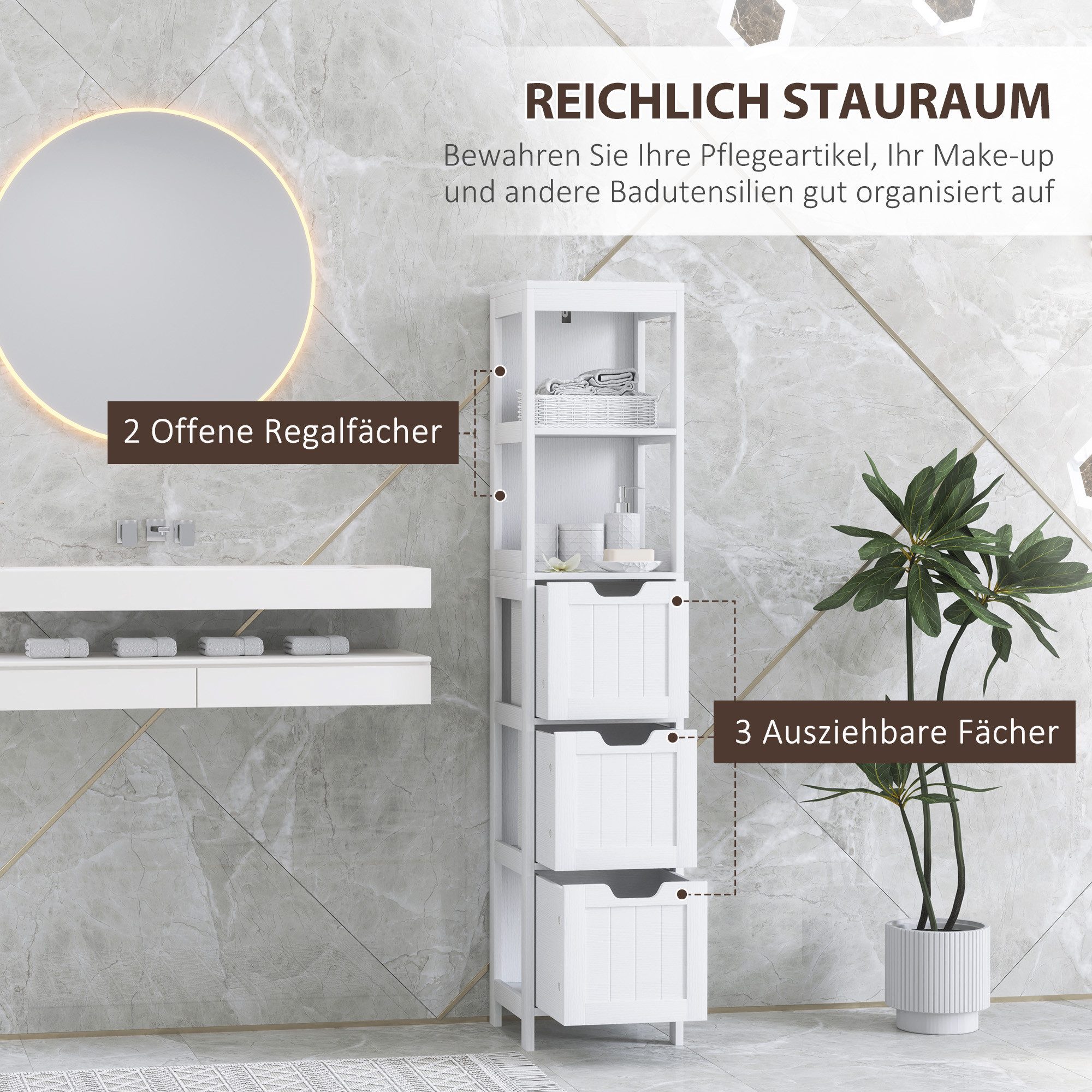 HOMCOM Badkommode Badezimmerschrank Hochschrank mit 3 Schubladen, 2 offenen Fächern (Hochschrank mit 3 Schubladen, 2 offenen Fächern, 1 St., Aufbewahrungsschran – Bild 4 von 5