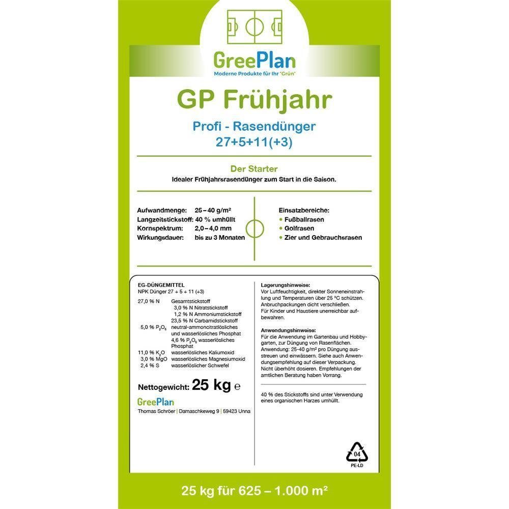 GreenPlan Rasendünger Frühjahr Profi 25kg Sack 625-1000 m² NPK-Dünger 27+5+11(3)