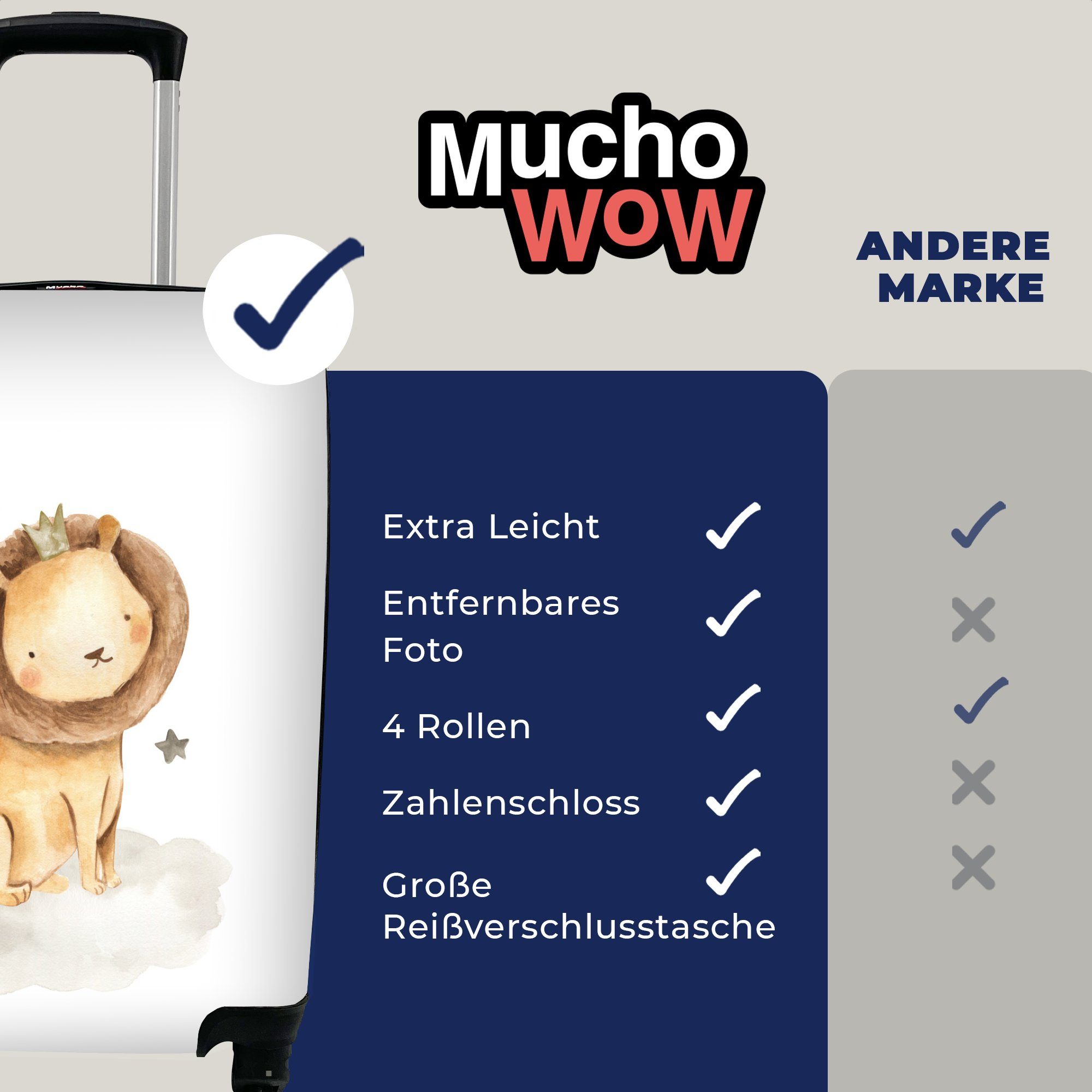 MuchoWow Trolley, Handgepäck Reisetasche 4 Handgepäckkoffer für Krone, Ferien, Löwe - rollen, mit Reisekoffer Sterne - Rollen,