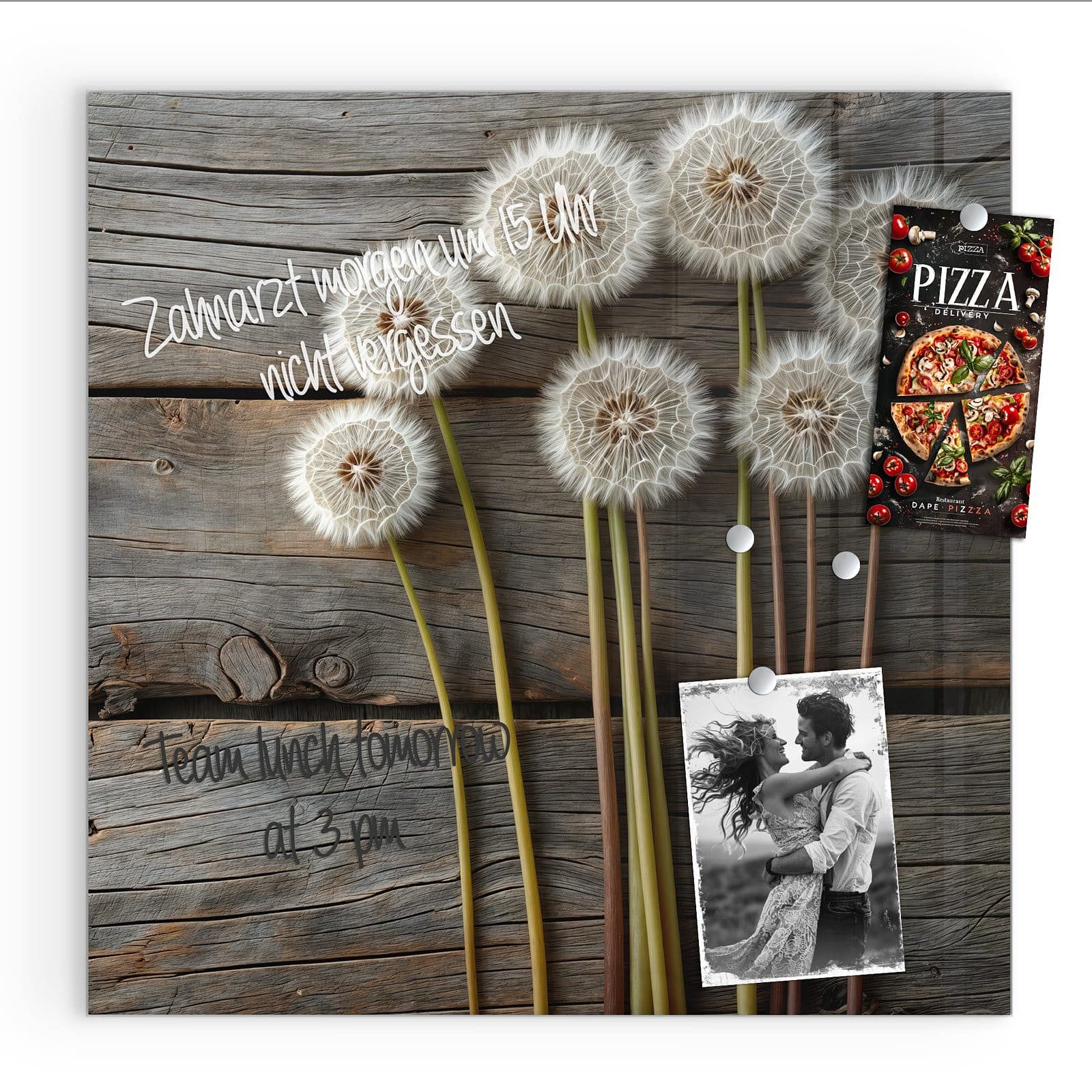 Primedeco Magnettafel Glas Pusteblumen Holzoptik Pinnwand Whiteboard beschreibbar, (Inklusive Stift, Magnete und Montagematerial, 1-tlg., 9 verschiedene Größen), Magnetisch und Beschreibbar