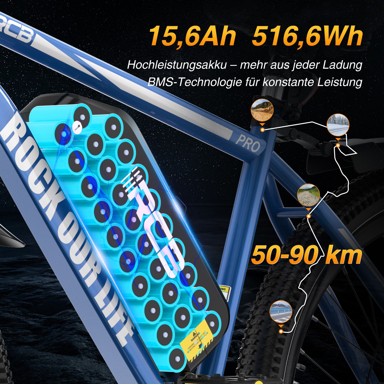 RCB E-Bike Pedelec RK15 PRO 29×2,125 Zoll, Reichweite 50-90KM, APP, 36V/15,6Ah, 7 Gang, Kettenschaltung, 250W Heckmotor, 561,6 Wh