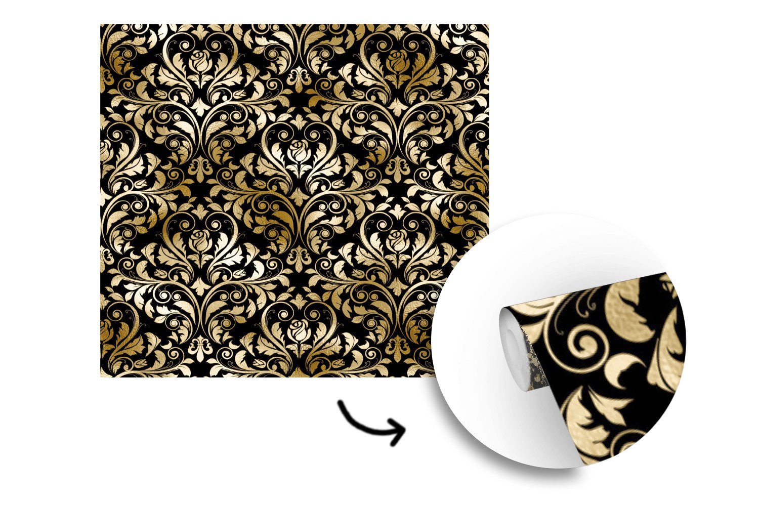 MuchoWow Fototapete Muster Tapete St), Gold (5 Matt, Wohnzimmer oder - bedruckt, Wandtapete Schwarz, Schlafzimmer, Barock - Vinyl - für