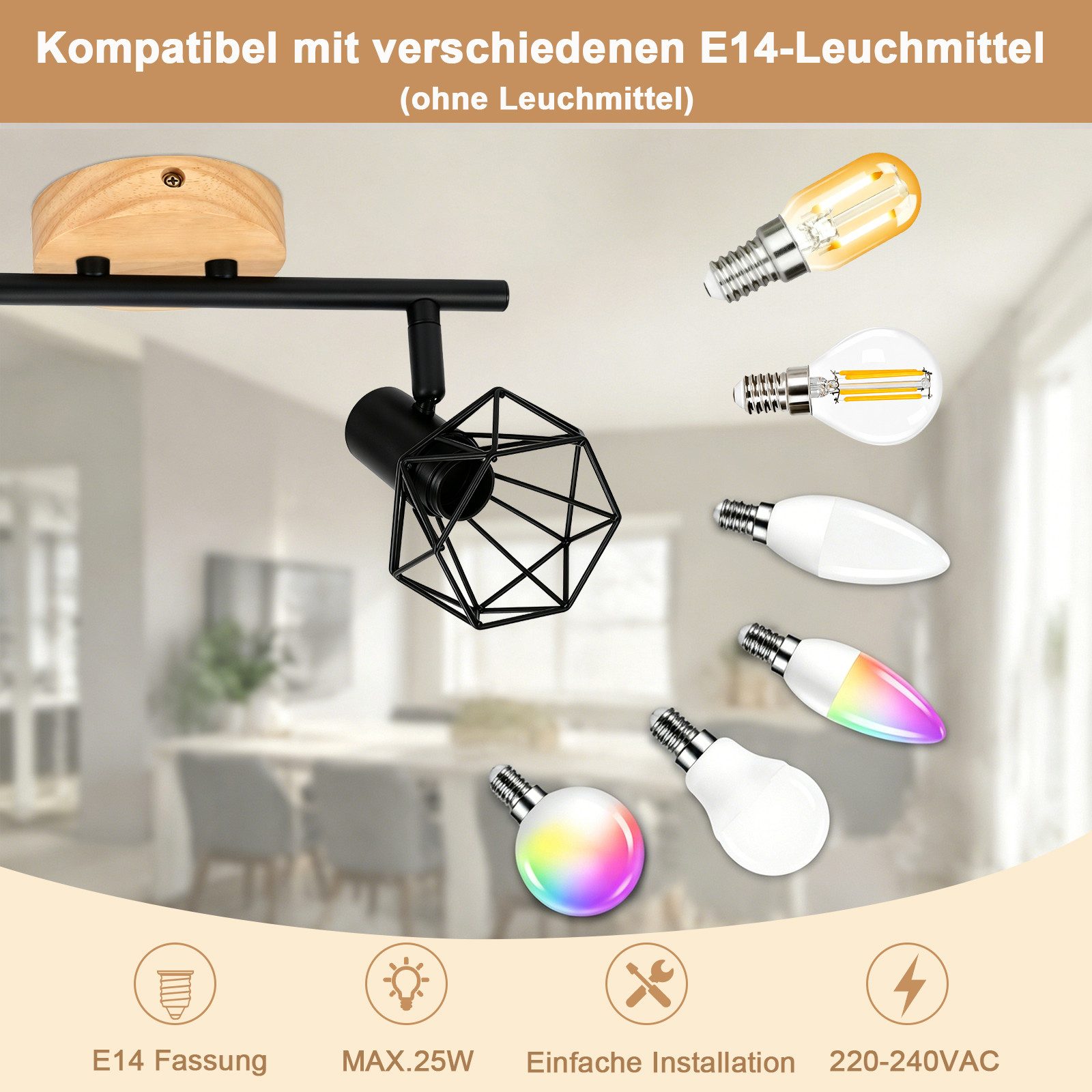 Nettlife Deckenstrahler Retro schwarz 1/2/3/4flammig Holz E14 industrieller Vintage Deckenspot, ohne Leuchtmittel, für Flur Küche Wohnzimmer Retro Deckenleuchte – Bild 2 von 5