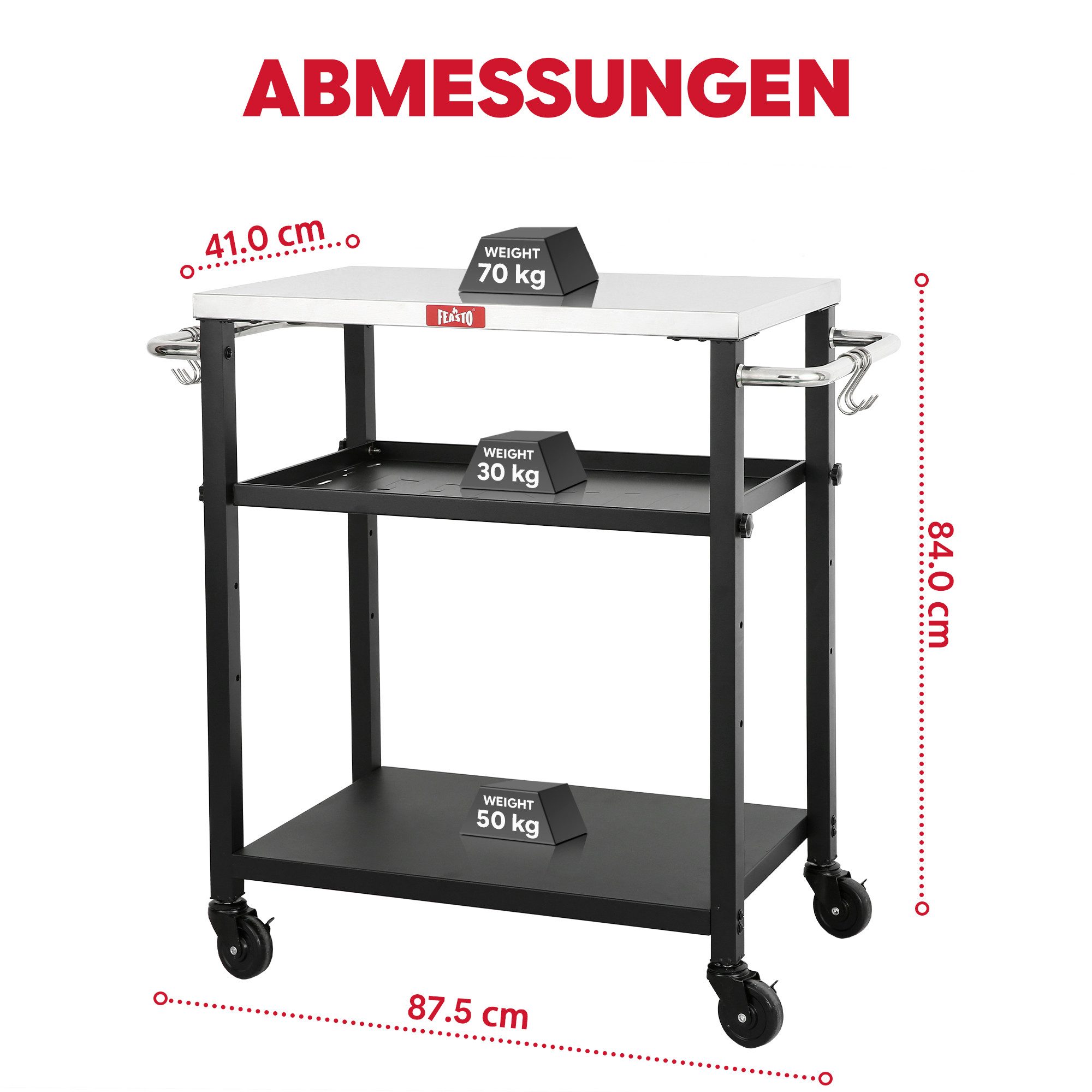 Feasto Servierwagen Grillablagetisch Outdoor, Küchenwagen, Grilltisch mit Edelstahlplatt, Multifunktionaler Grillwagen für Garten & BBQ, 87,5x41x84cm