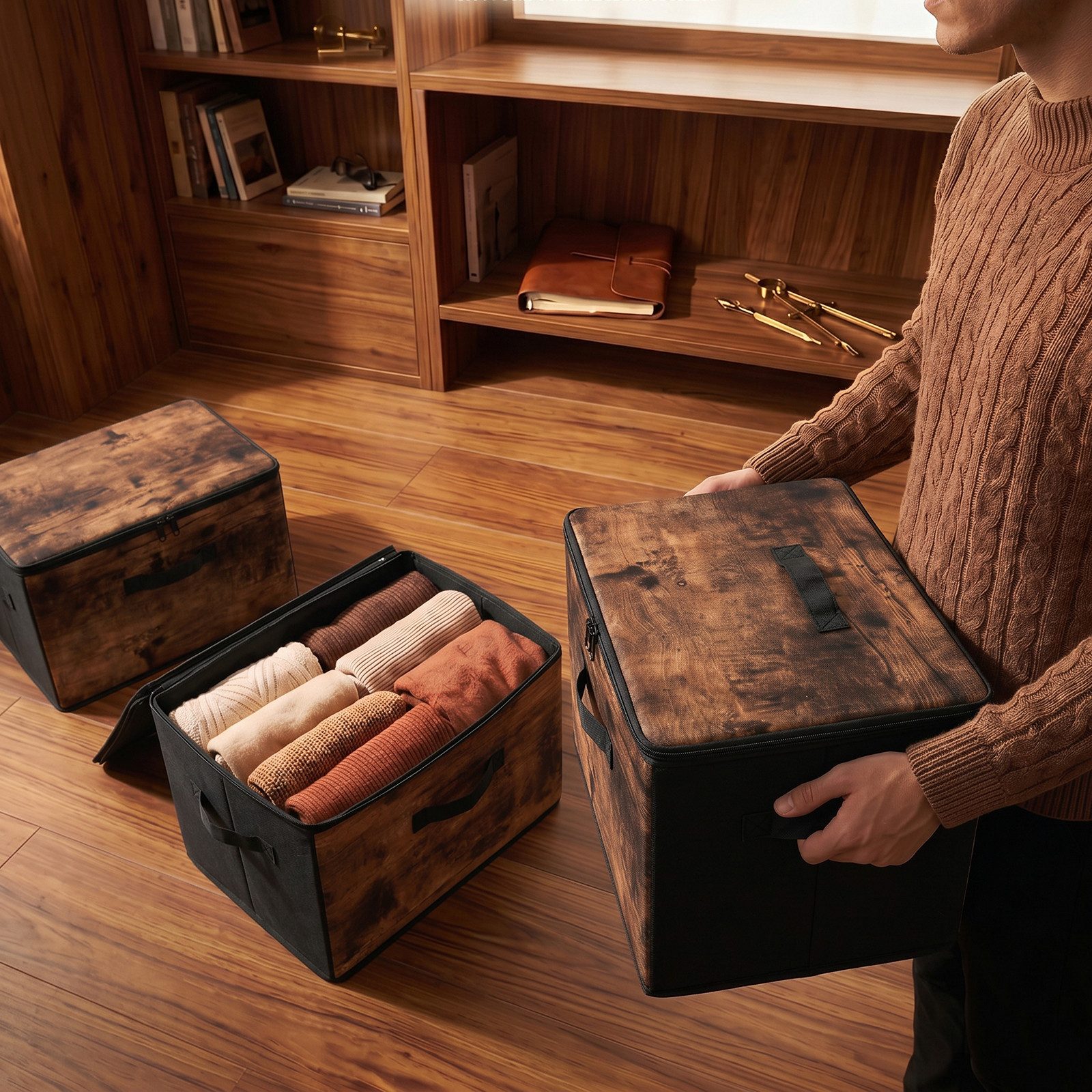 Sekey Aufbewahrungsbox Aufbewahrungsboxen mit Deckel 45L Stapelbar Faltbare Ordnungsboxen (3 St), 3er Set, Organizer Kleidung Vliesstoff Boxen für Schrank Regal