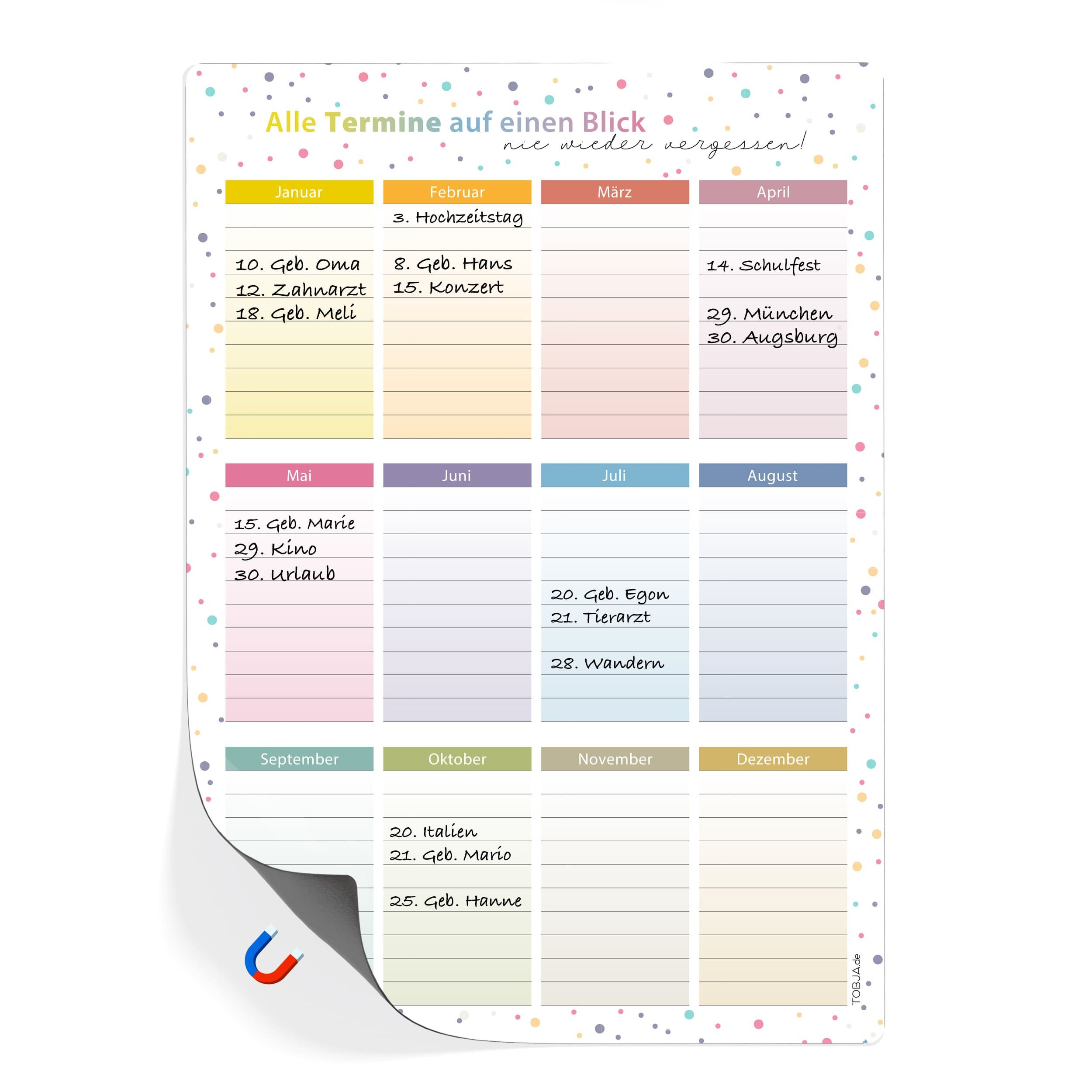 TOBJA Geburtstagskalender Magnetischer Geburtstagskalender A4, Jahresunabhängig & abwischbar - Immerwährender Kalender
