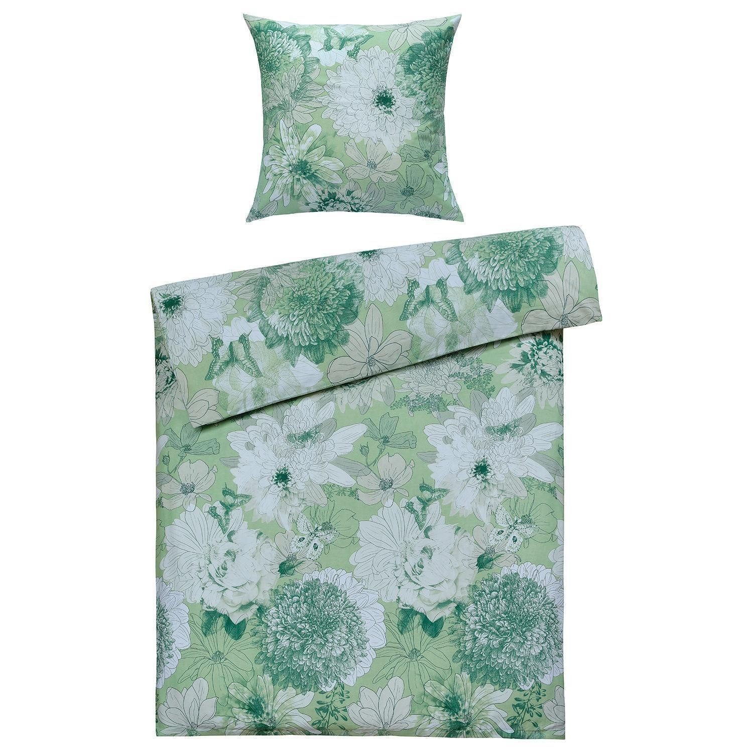 casa NOVA Bettwäsche BLAIR, 135 x 200 cm, Grün, Weiß, florales Muster, Satin, 2 teilig, mit Reißverschluss