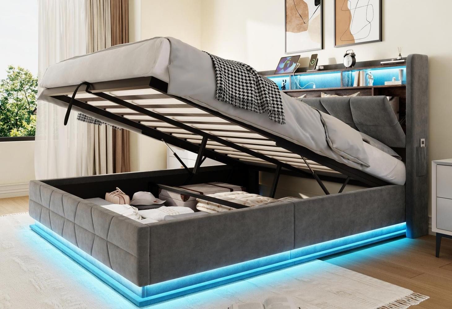 LVHOM Boxbett 140/160x200, 140x190cm, LED-Licht, multifunktionales Kopfteil, USB/-C (Samtstoff, hydraulisches Stausystem, offenes Kopfteil, Seitentaschen für die Fernbedienung, USB-/Typ-C-Ladeanschlüsse, Metallrahmen mit Holzlattenrost, 300 kg Belastbarkeit), Staubschutzhülle, geeignet für verschiedene Schlafzimmer