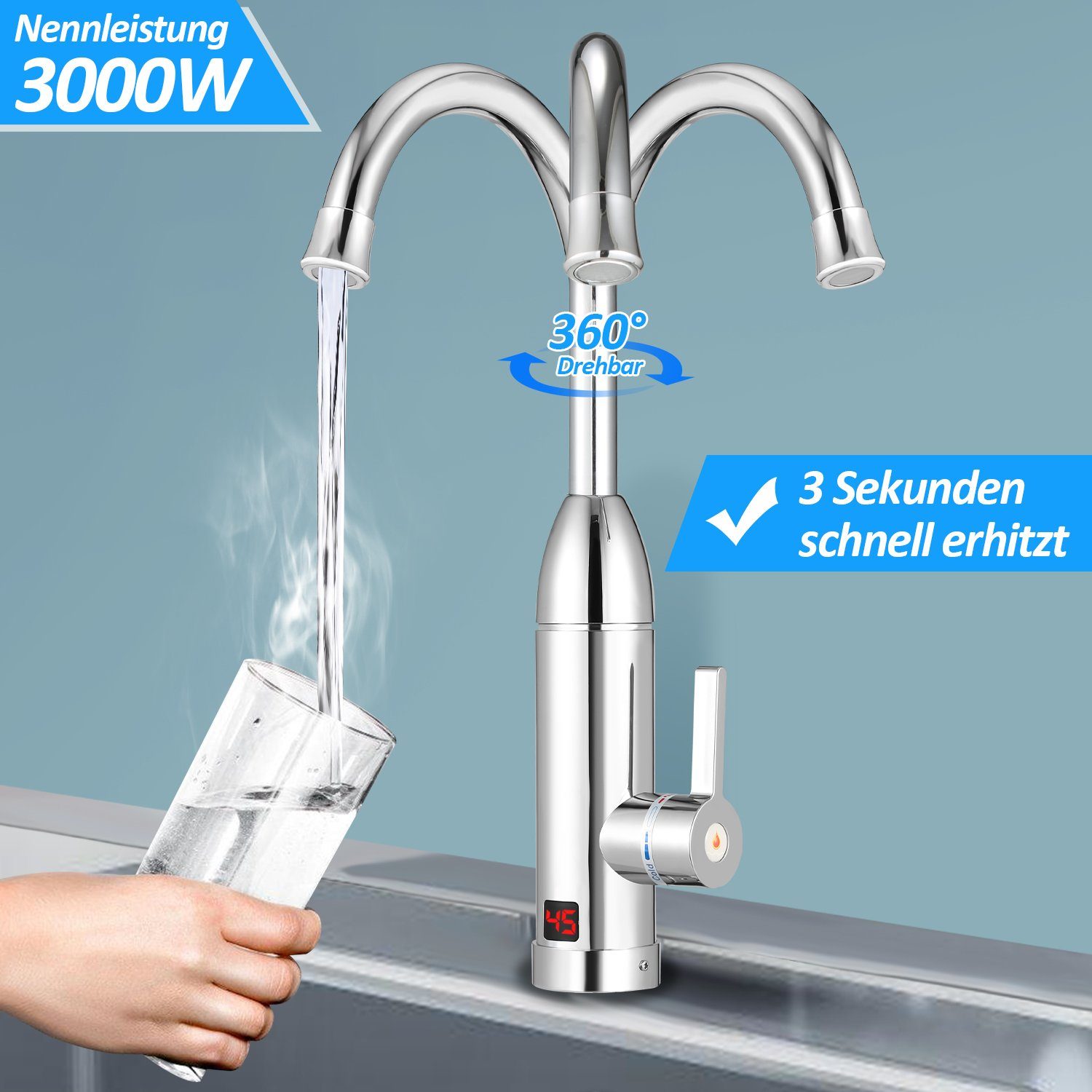 Küchenarmatur 3000W Wasserhahn Lospitch Warmwasserbereiter Durchlauferhitzer mit Ausziehbrause Elektrisch mit