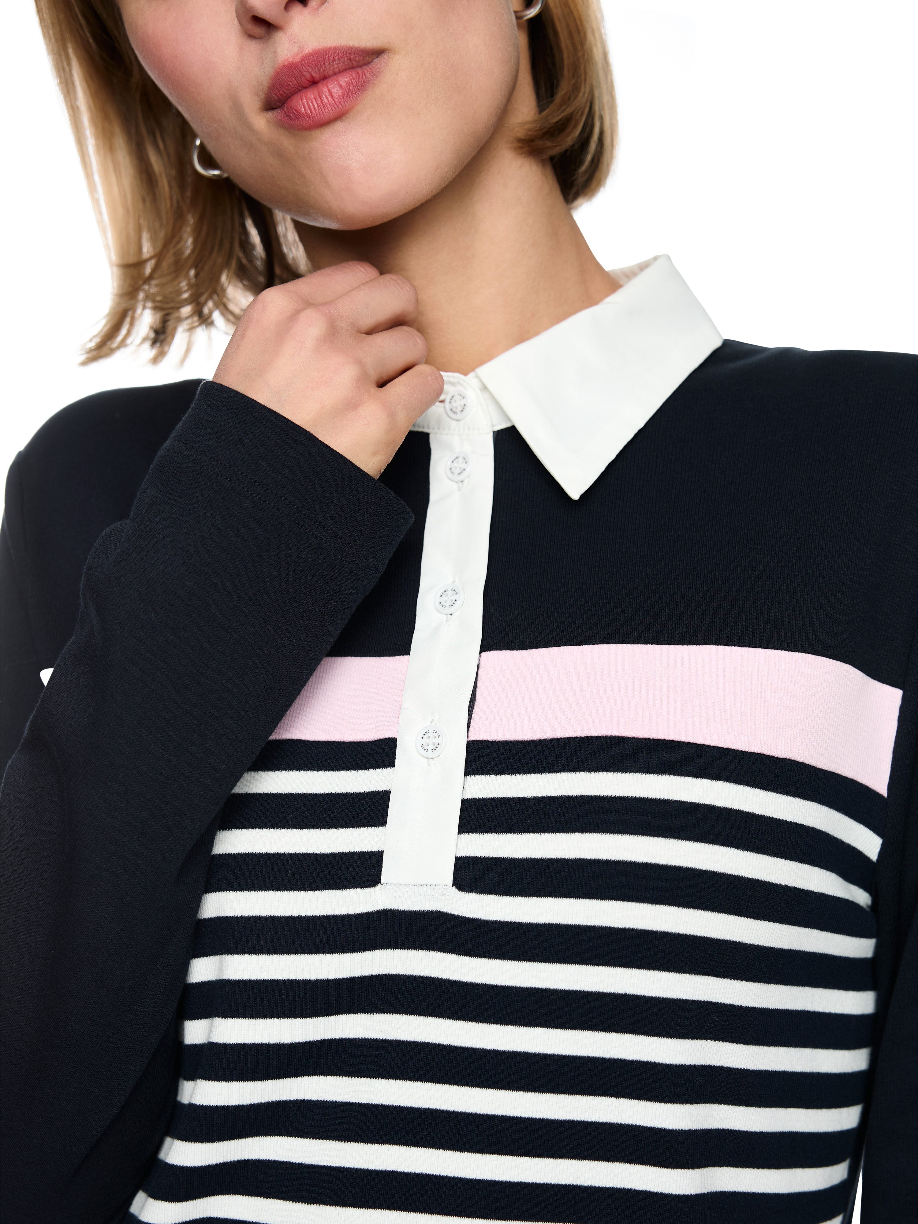 Marc Cain Langarm-Poloshirt Countryside Calling Premium Damenmode in Rippstruktur mit Streifen