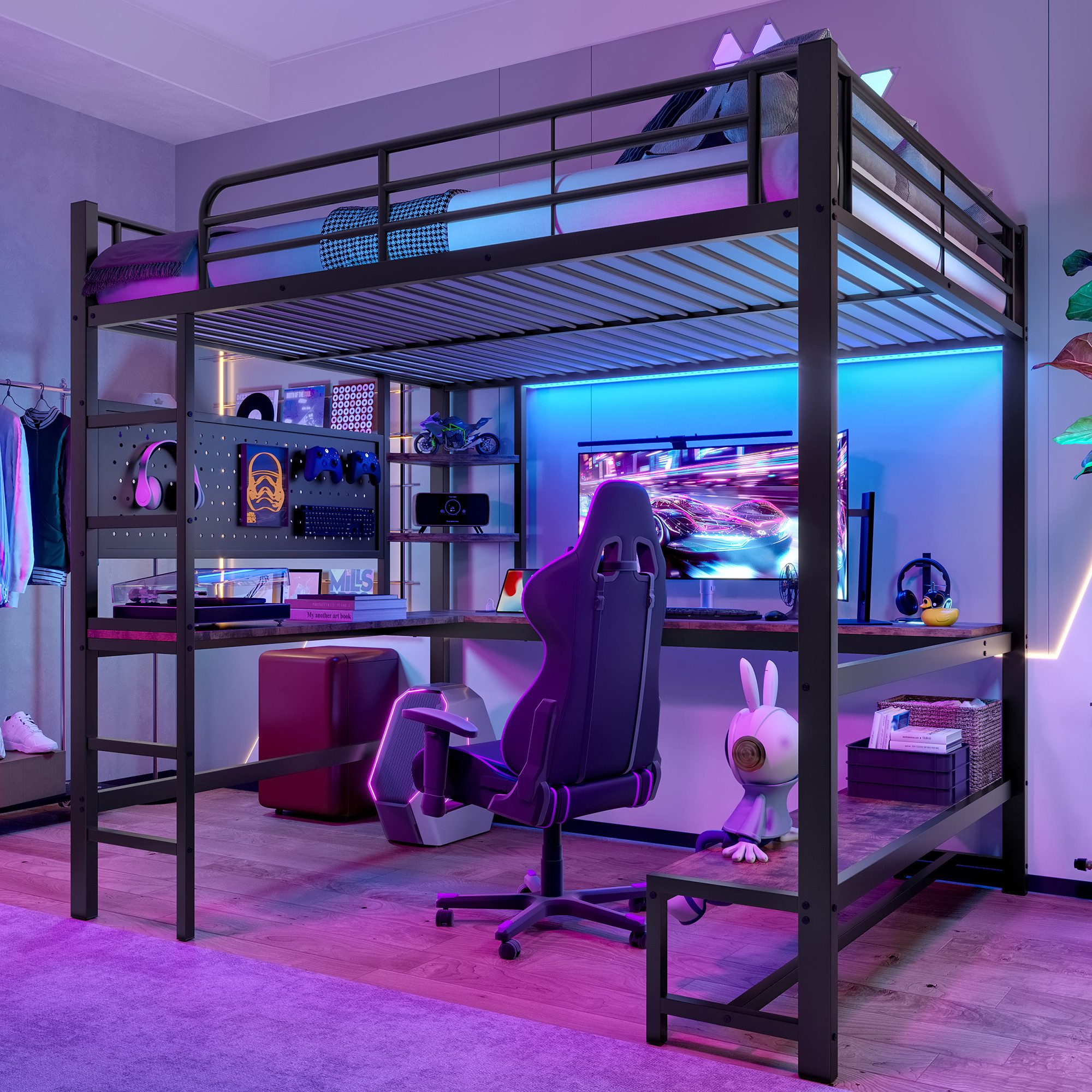 Flieks Hochbett Metallbett 140x200cm mit LED-Leiste, USB-Laden und Schreibt günstig online kaufen