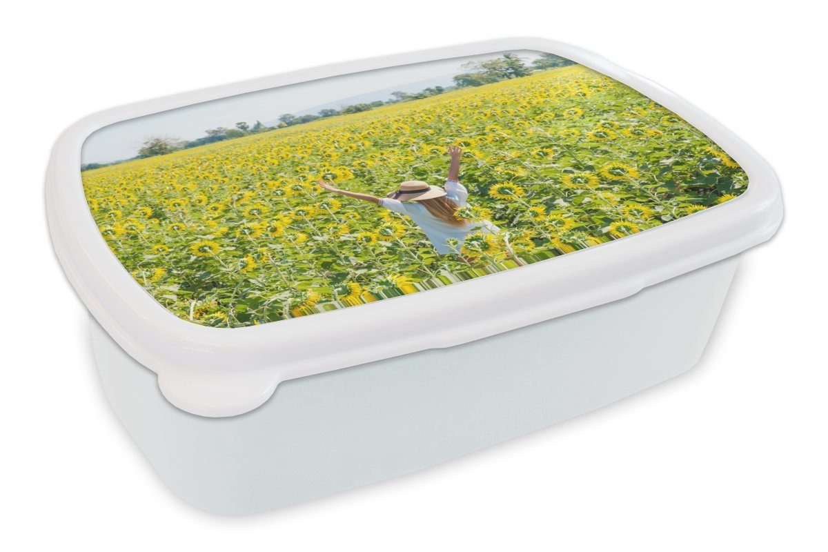 für und Kunststoff, und Lunchbox Frau weiß (2-tlg), Jungs Kinder Sonne, Erwachsene, MuchoWow Mädchen Brotdose, - Brotbox - Sonnenblume für