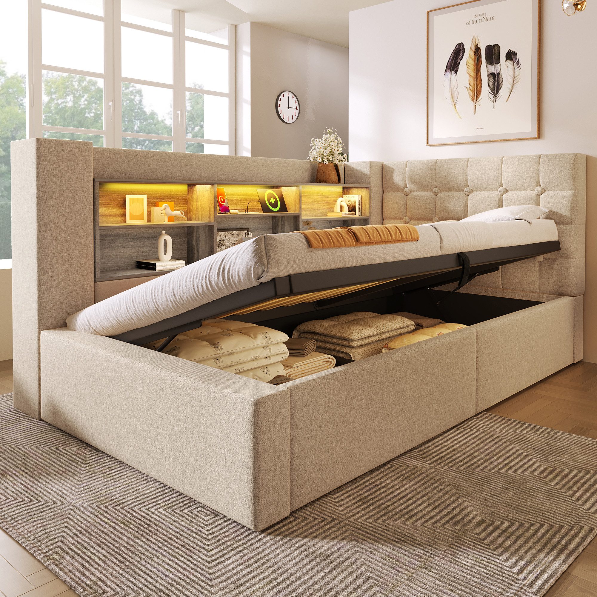 HAUSS SPOLE Schlafsofa 90x200 mit Bettkasten,Tagesbett Daybett mit LED&Stauraum-Kopfteil