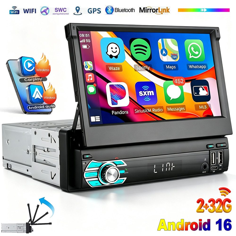 ESSGOO DAB+ 4+64G 1 DIN 7'' Flip Out Android 15/16 Carplay Autoradio GPS WIFI Navigationsgerät (Apple Carplay Android Auto GPS Navi WIFI BT EQ)
