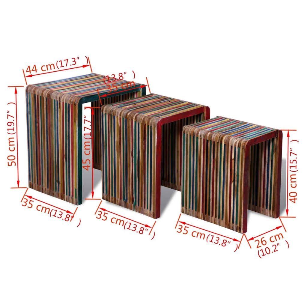 (3-St) | Mehrfarbig Teak Beistelltisch Recyceltes vidaXL 3-tlg. Bunt Satztisch-Set Mehrfarbig
