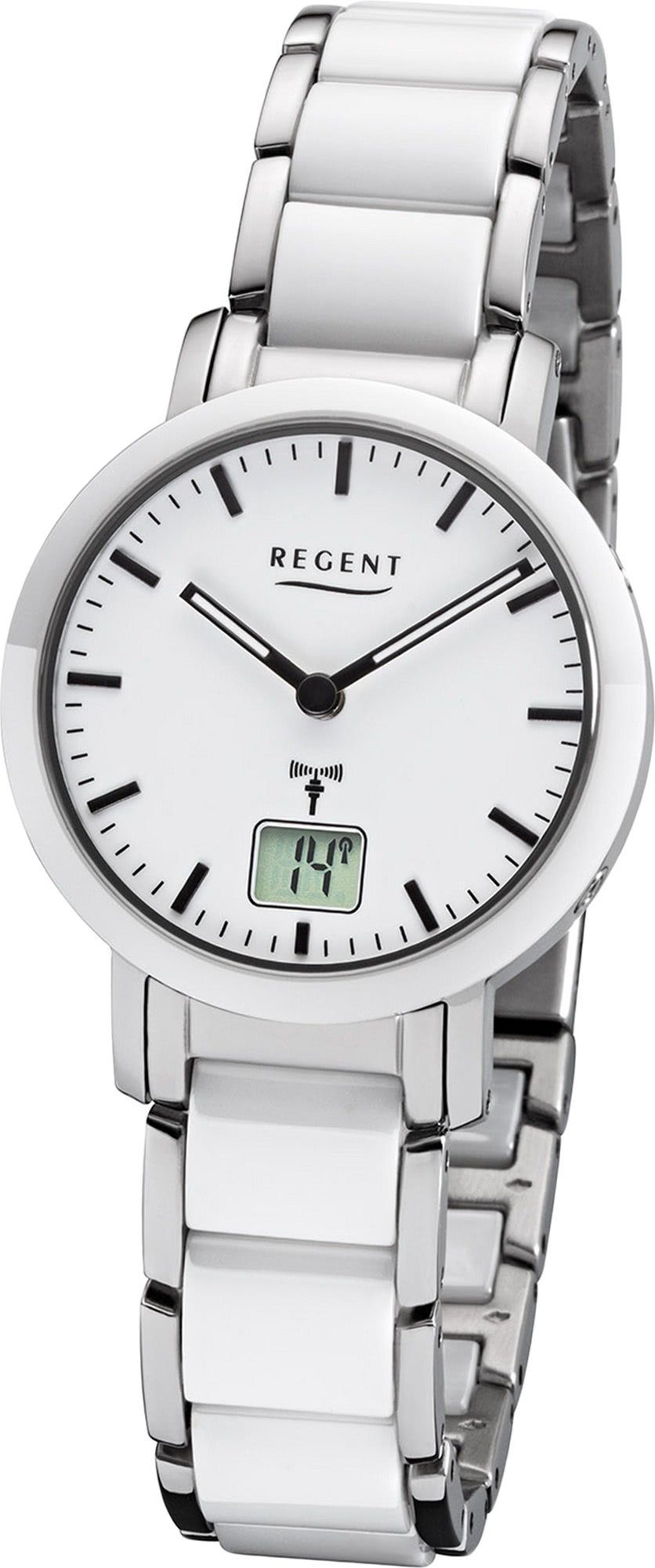 Regent Funkuhr Regent Metall Damen Uhr FR-264, Damenuhr Metallarmband weiß, silber, rundes Gehäuse, klein (ca. 30mm)