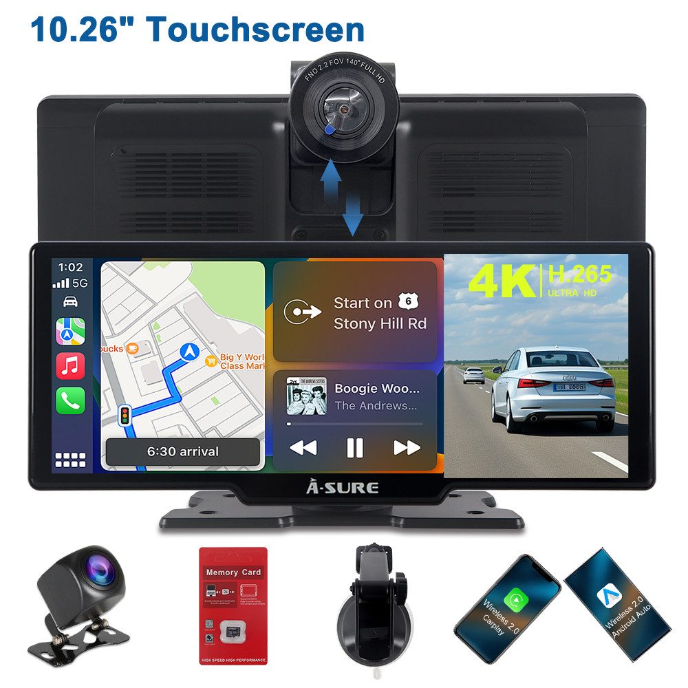 A-Sure 10.26" HD Auto Display Car Display Wireless Apple CarPlay Android Auto Navigationsgerät (4K-Frontkamera/10.26" IPS Bildschirm( 1600*600) /64GB Rom TF Card)